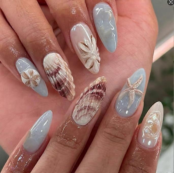 Press On Nails Coffin and Almond Shape Blue Summer Ocean Design 24 Pcs Kit with Gel Tape and File