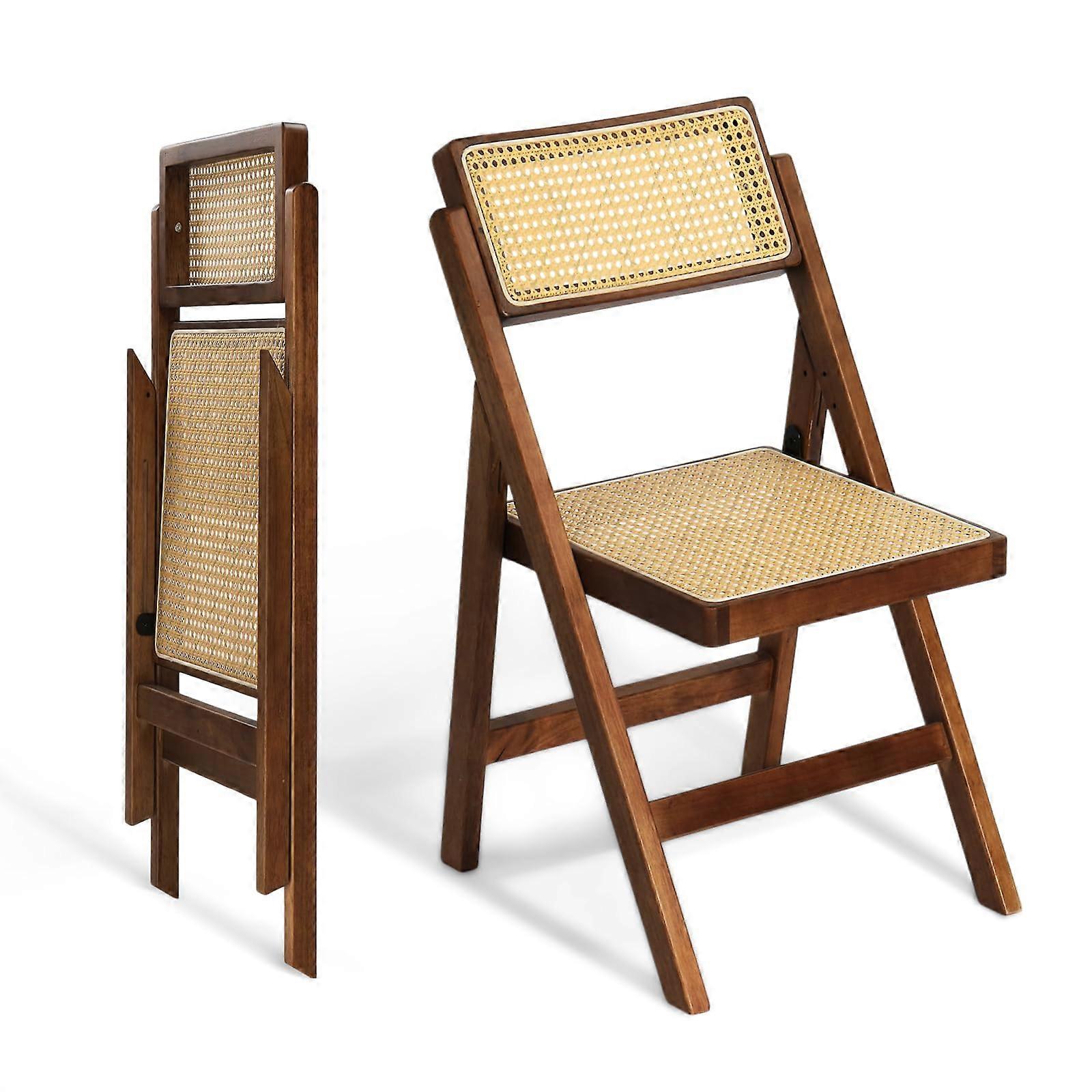 Set of 2 Walnut Wooden Folding Dining Chairs with 360° Swivel Backrest and Rattan Seat