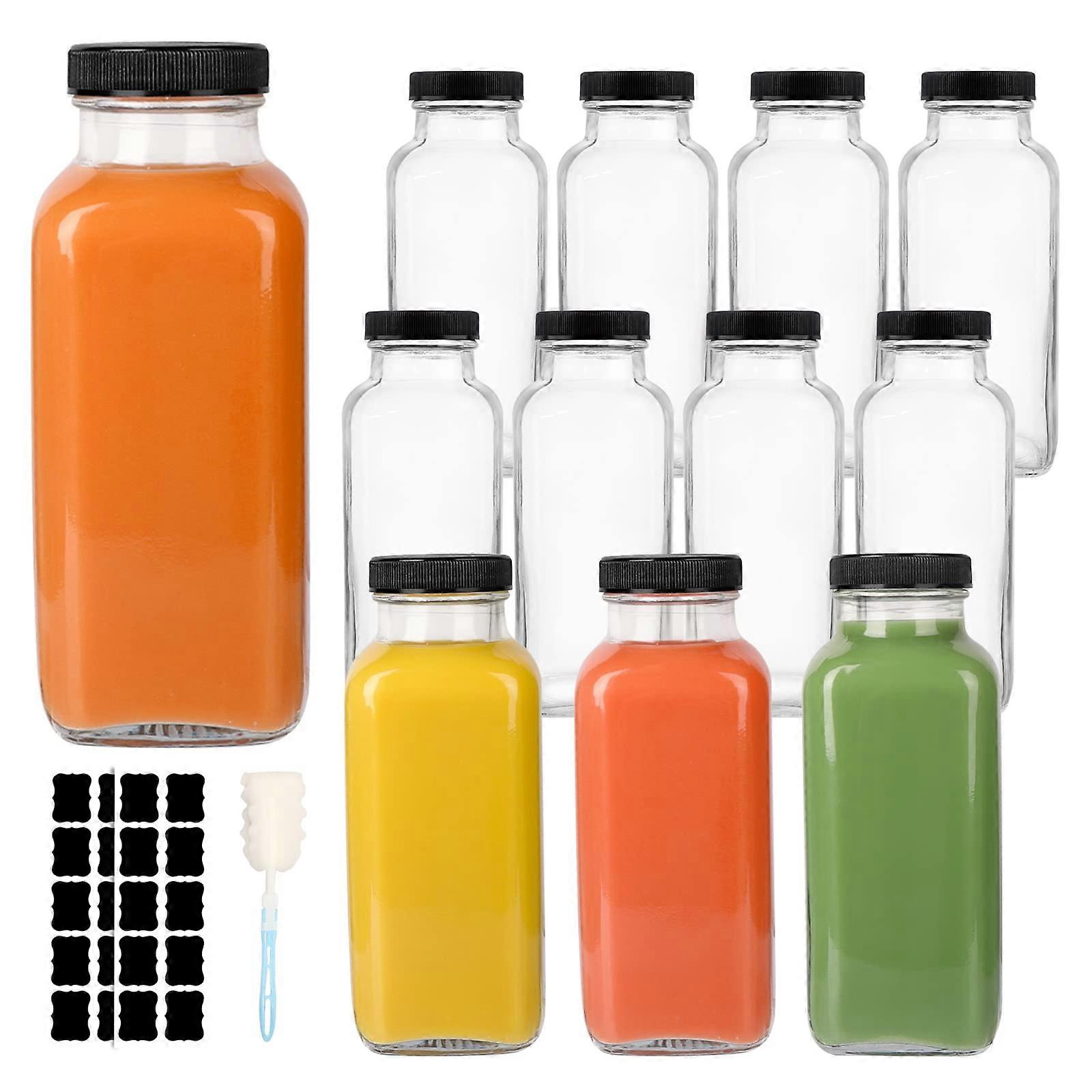 12 Pack 12 oz Square Glass Drink Bottles with Lids, Wide Mouth Airtight Seal for Juice Milk Smoothies