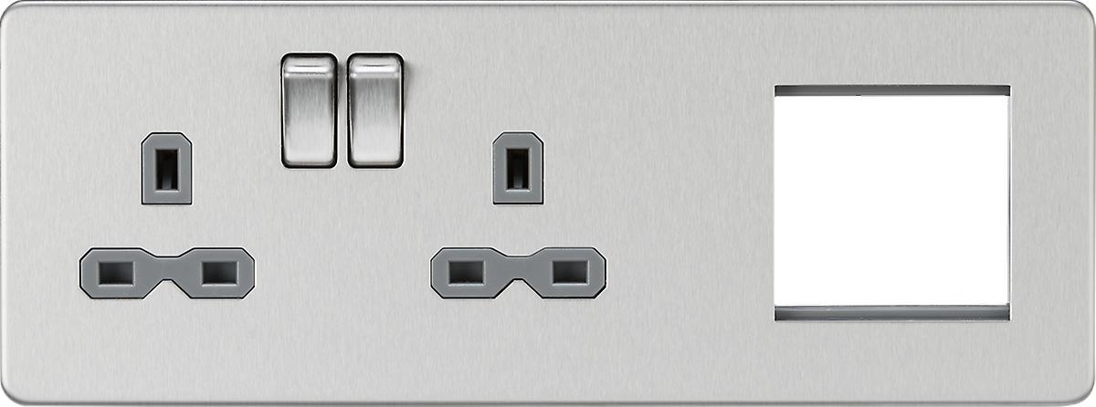Screwless 13A 2G DP Socket + 2G Modular Combination Plate - Brushed Chrome 230V IP20