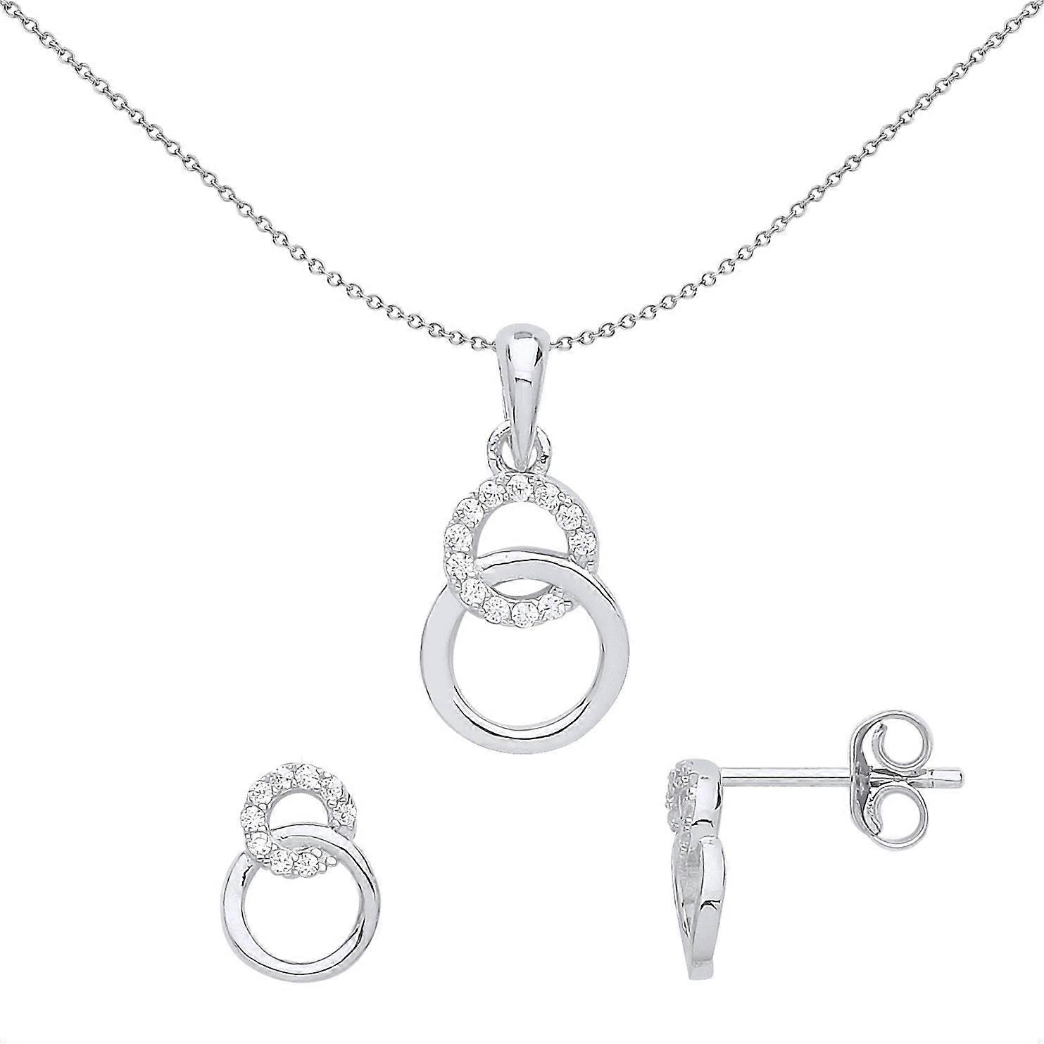 Jewelco London Ladies Sterling Silver Cubic Zirconia Infinity Interlocking Hoops Stud Earrings Necklace Set