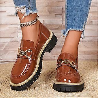 SYMOID Dames Bruine Metalen Horsebit Chunky Platform Loafers - Instapschoenen van Lakleer PU met Ronde Neus, Breed Maten 36-43 voor Dagelijks Casual Kantoor, Maat 39