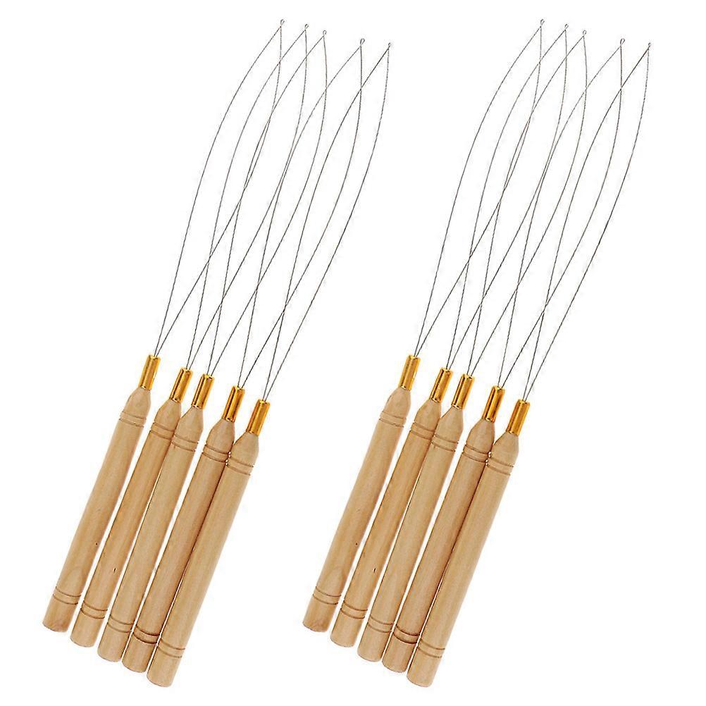 10pcs Wooden Handle Loop Crochet Micro Ring Loop Threader Hair Extension Tools