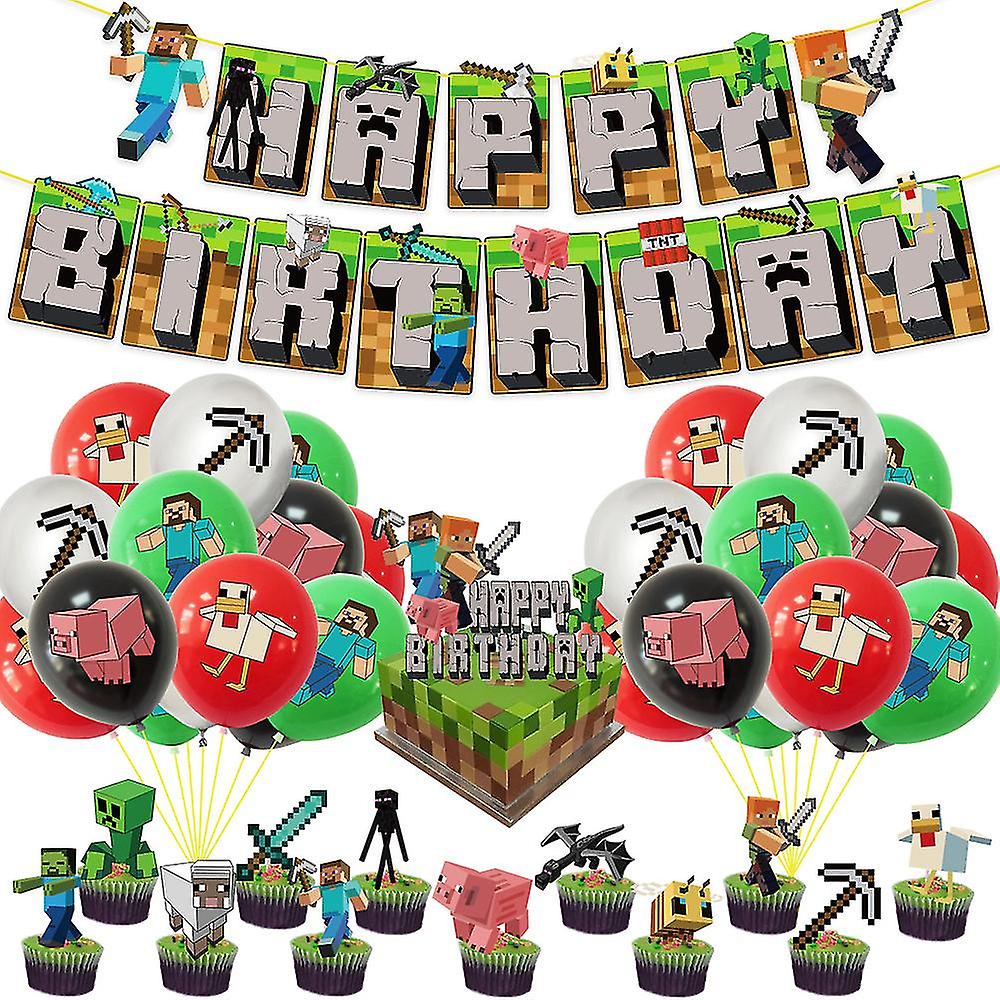 Minecraft Theme Pull Flag Balloon Card Set Pixel Game Birthday Party Decoration