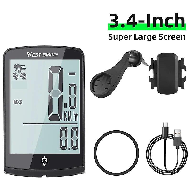West Biking Wireless Cycling Computer 3.4 Inch Ip64 Waterproof Bicycle Speedometer Usb Charging Bike Backlight Hub Speed Sensor