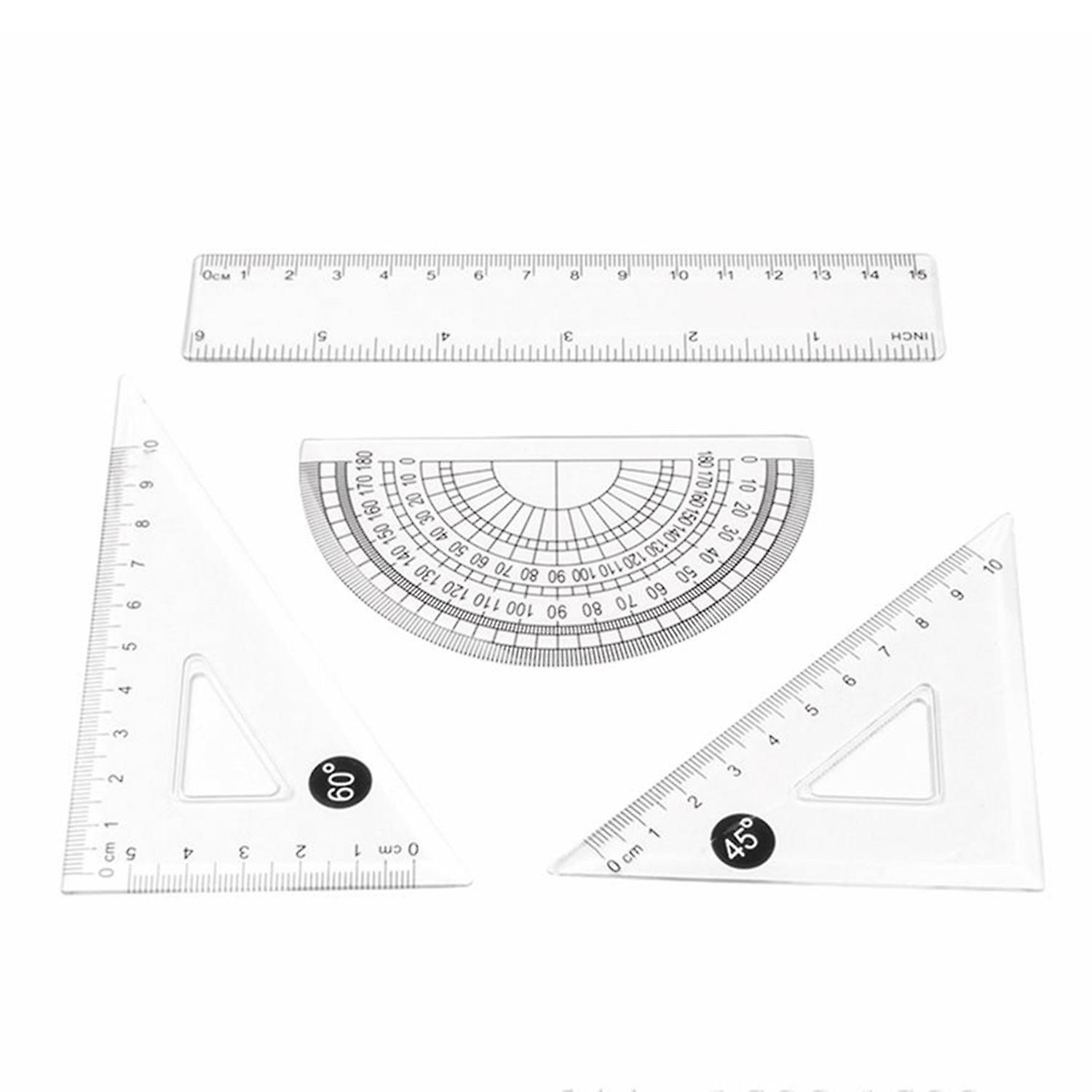 4 Pieces Clear Plastic Math Geometry Tool Ruler Set Includes 6-Inch Straight Ruler & 2pcs Triangle R