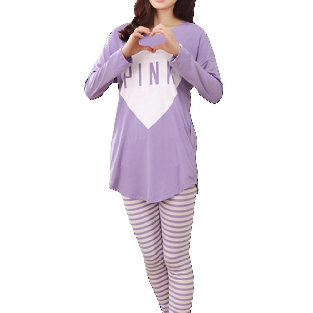 Kvinnor Långärmad Rand 2 Pieces Lounge Sovkläder Pyjamasset