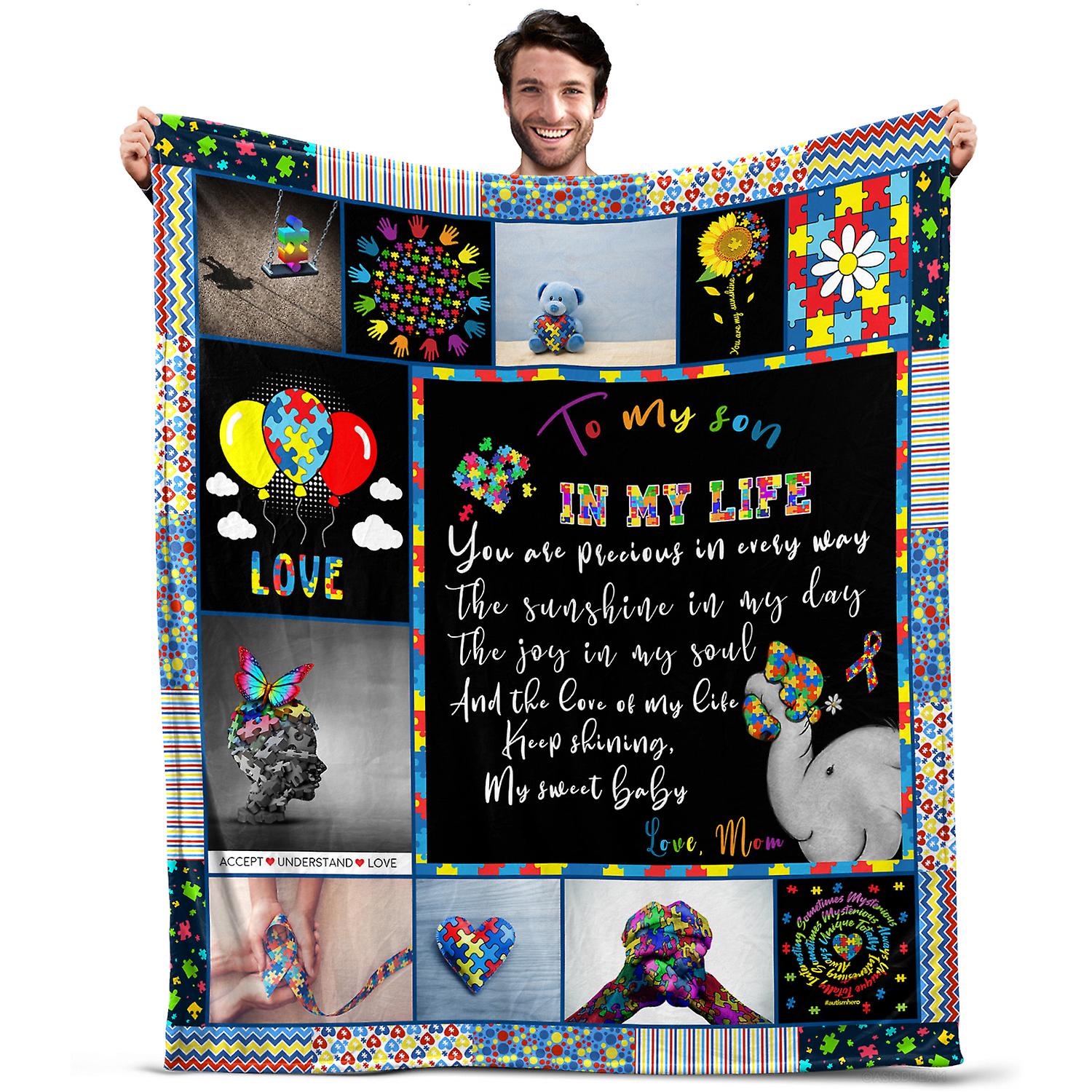 Oasisdream Throw Blanket To My Son for Sofa, Office, Outdoor Use, Birthday Gift for Him from Mom with Colorful Puzzle Print