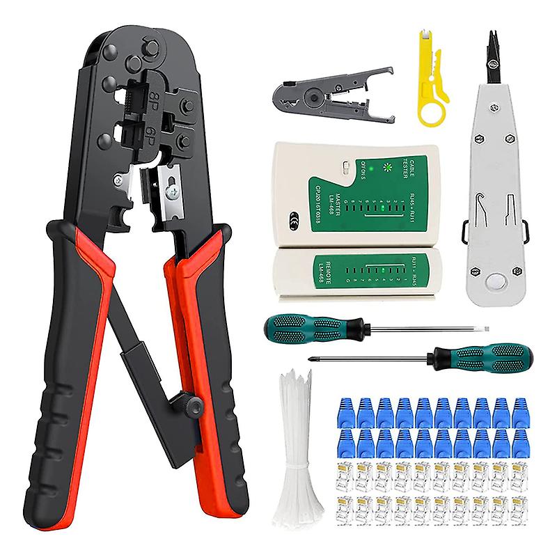 Portable Rj-11, 6p/rj-12, 8p/rj-45 Ethernet Crimping Tool Kit,20 Connectors,20 Caps,1 Network Cable Tester