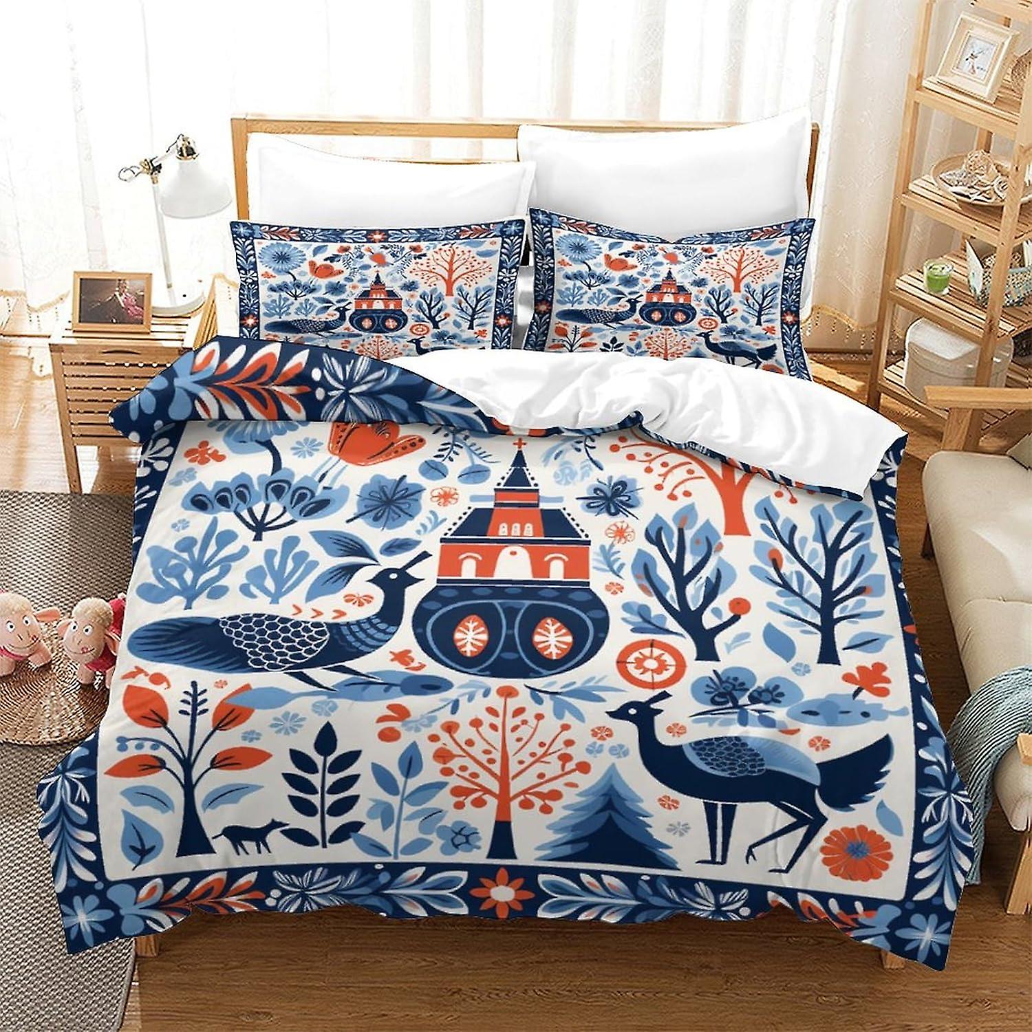 HOUKIG Set Letto Navian Natale Linoleografia Natale Inverno Con Copripiumino E Federa, Con Cerniera Invisibile, Set Da 3 Pezzi Con Cerniera E 2 Federe,