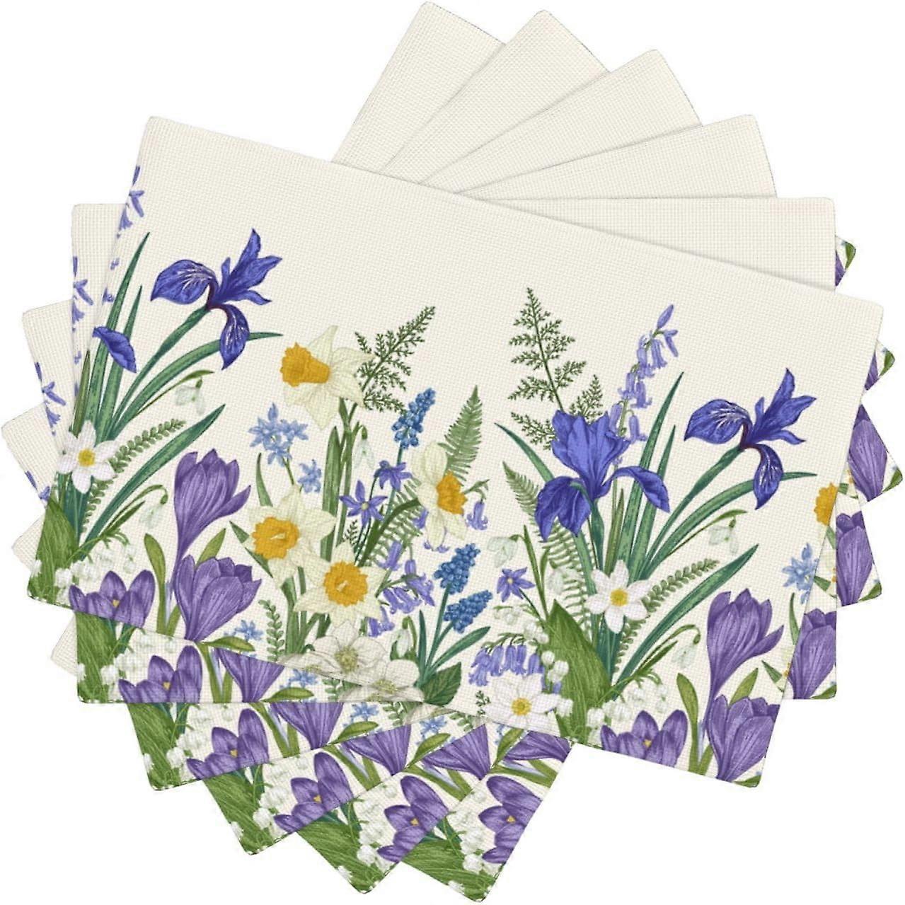 Spring Flowers Placemats for Kitchen Summer Iris Crocus Snowdrop Floral Botanical Theme Linen Place Mats Set of 6