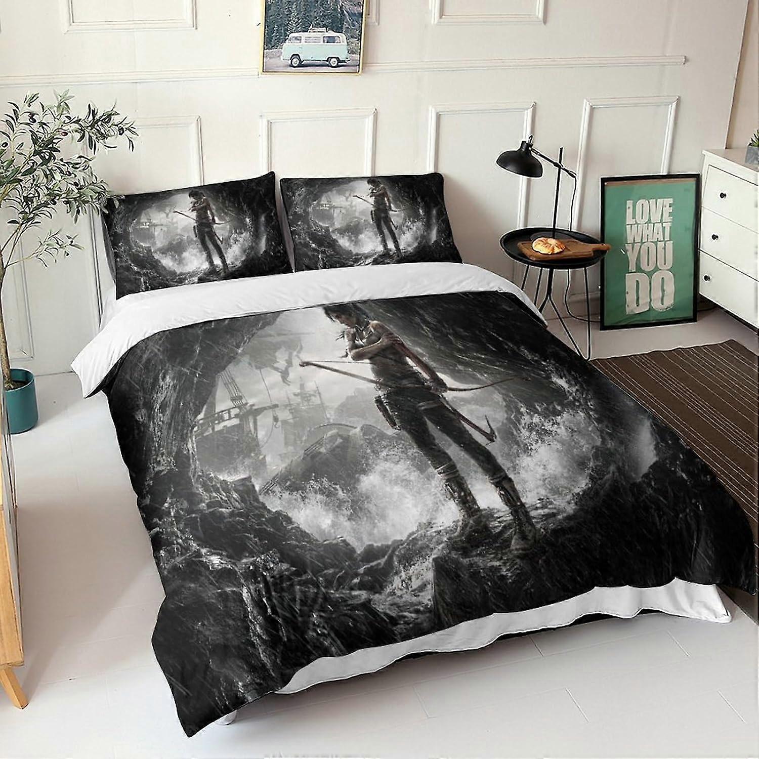 طقم مفروشات مطبوعة من تومب رايدر ، أطقم قطع مع غطاء لحاف تومب رايدر بسحاب من الألياف الدقيقة ، مع غطاء وسادة للبالغين والأطفال 135 * 200 سم