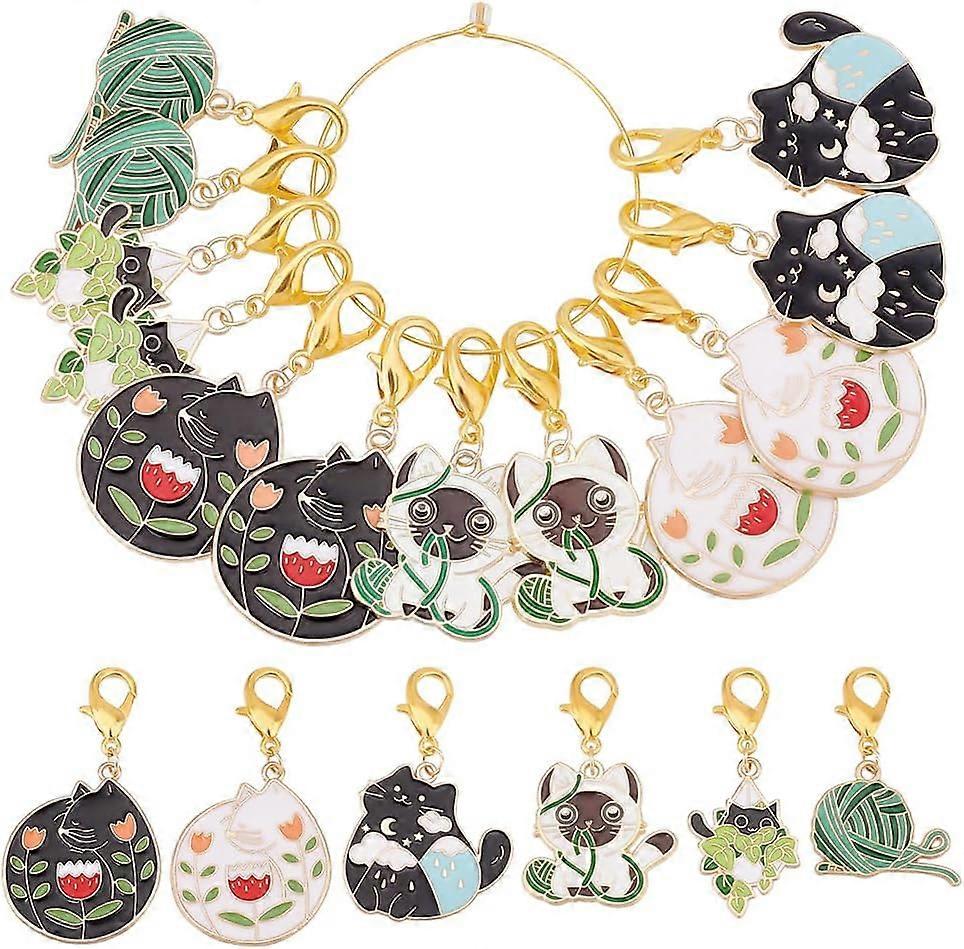 12Pcs 6 Styles Cat Pendants Dangle Charms Stitch Charms with Clip Locking Stitch Marker Clip on Charms for Knitting Weaving Sewing Accessories Handmad