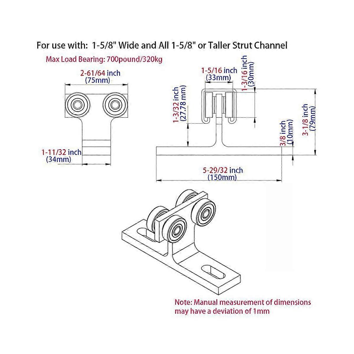 2Pcs 4 Wheel Trolley Assembly,for 1-5/8In Wide and All 1-5/8In or Tallers Strut Channel,Load 900 Po