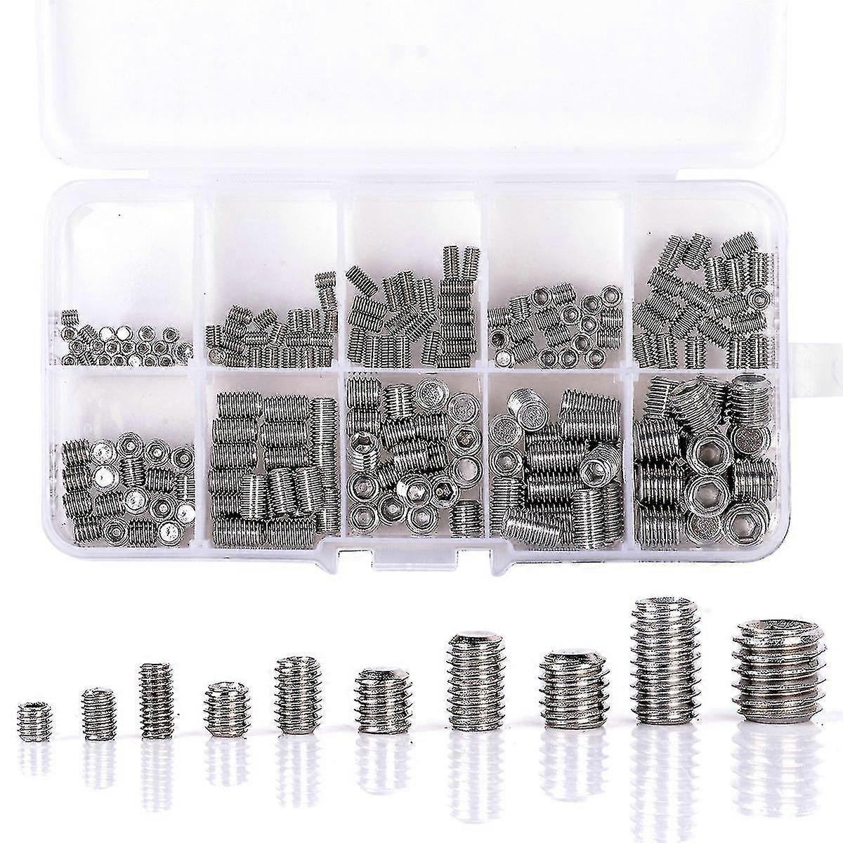 200 stk 304 Rustfritt stål Grub Skruer Hex Socket Skrue Sortiment Kit Sett M3 / M4 / M5 / M6 / M8