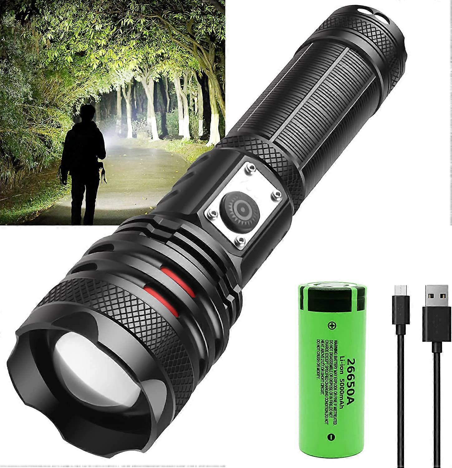 Tactical Flashlight LED Torch, 20000 Lumens P70 High- Powerful Torch, USB Rechargeable Flashlight with 5000mah Rechargeable 26650 Battery, Fit for Out
