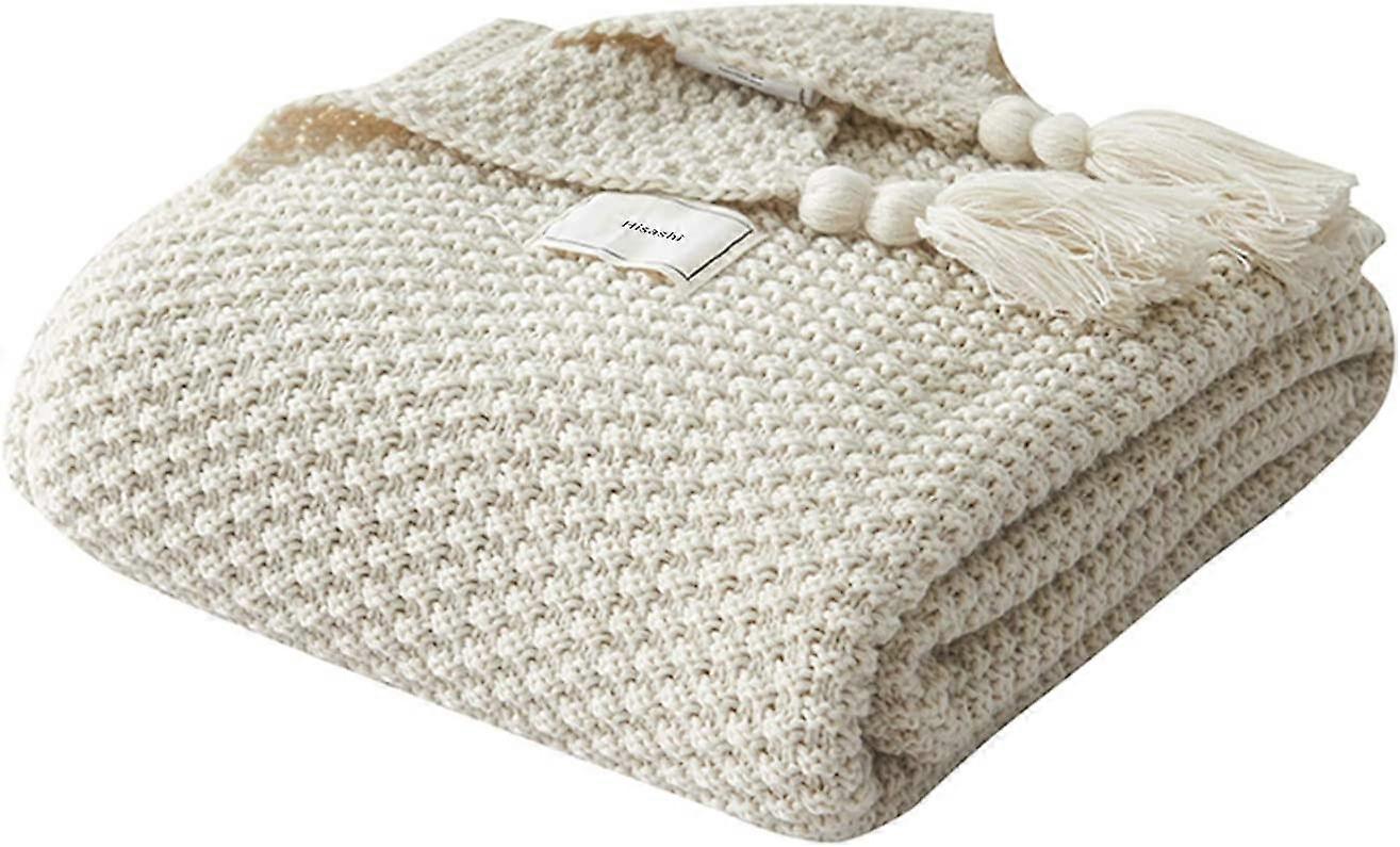 Knit Blanket Plaids Sofa Bedspread Table Mat Soft Warm Nordic Bed Throws with Handmade Fringe for Beach Picnic All Seasons (Beige,130 x 170cm)