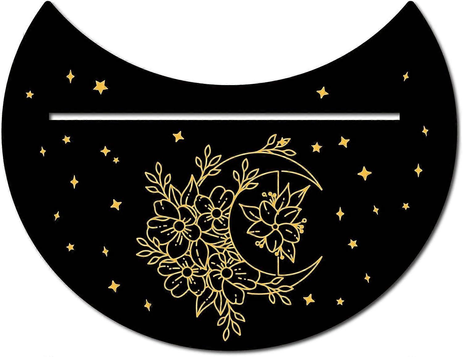 5 x 4 Inch Wooden Tarot Card Stand Black Moon Shaped Moon and Flowers Pattern Tarot Card Altar Display Holder for Witch Divination Tools Tarot Decor W