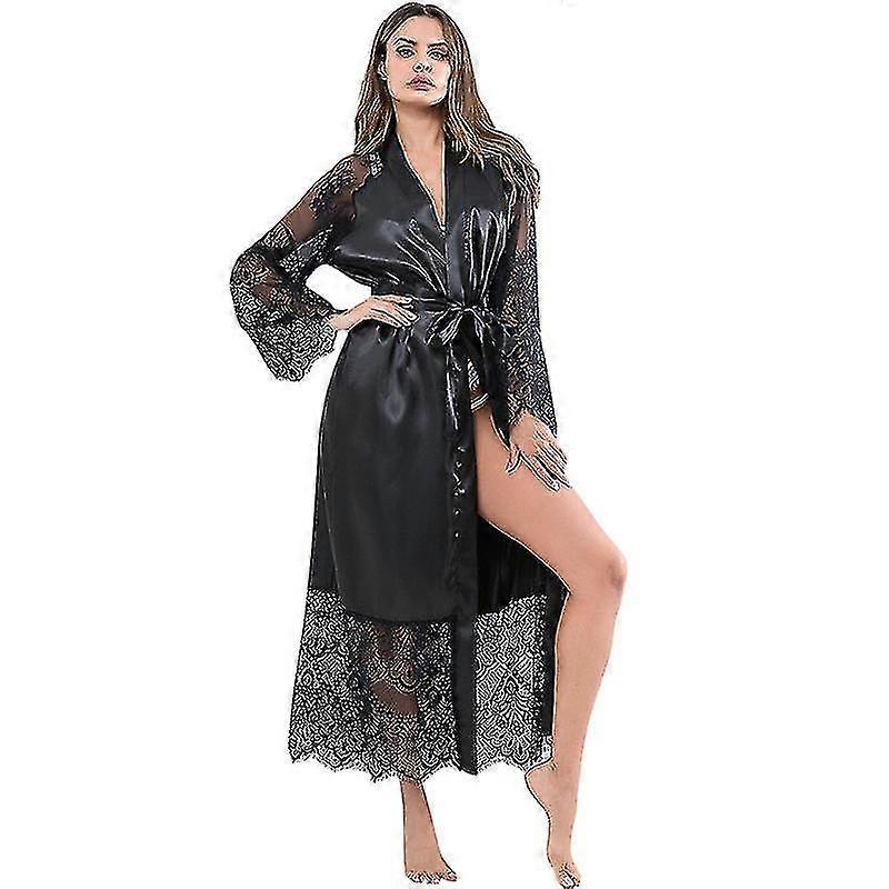Women Glamour Lace Silk Kimono Robe Sleepwear Nightgown Long Dressing Gown Nightie