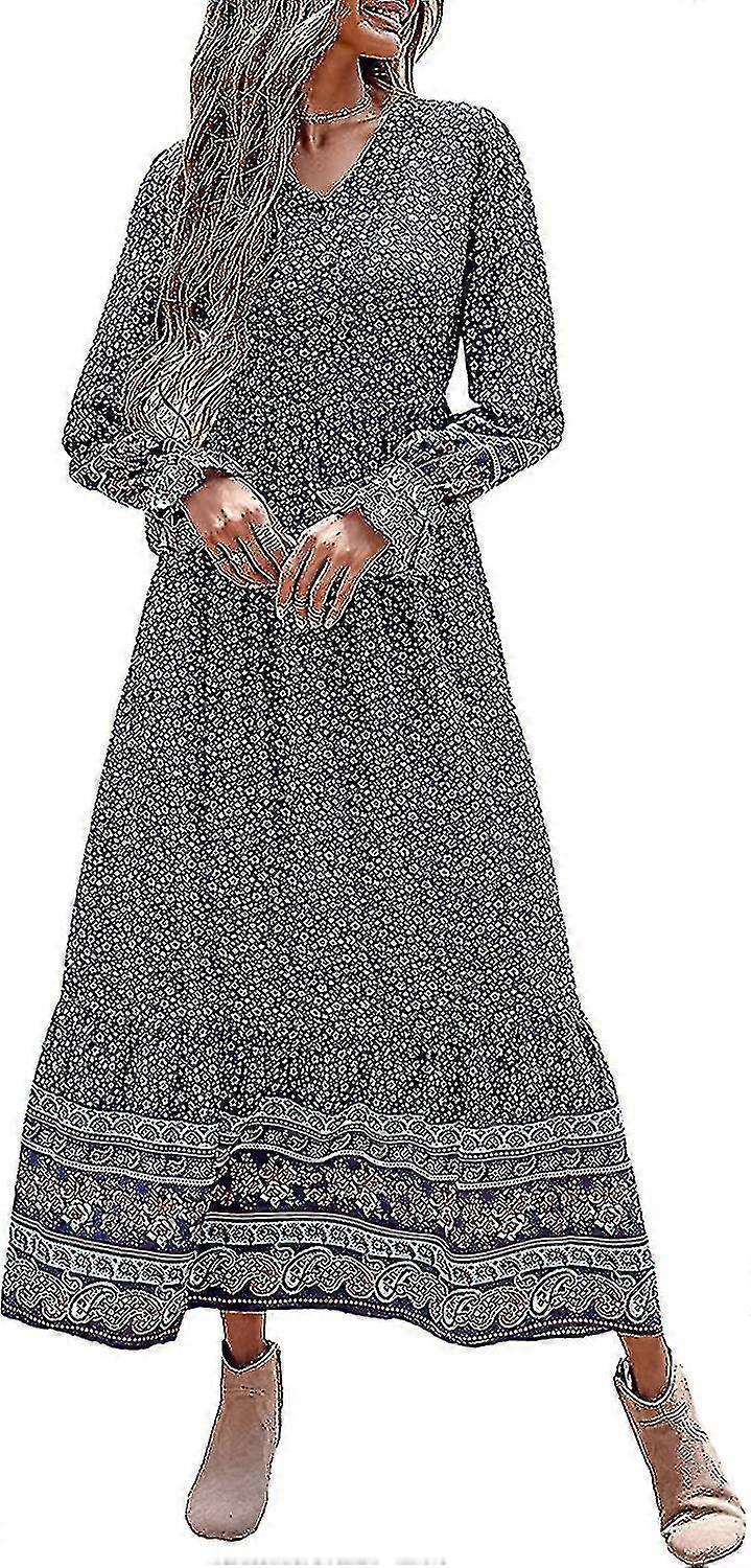 Langermet maxikjole for kvinner - V Neck Casual Button Down Boho blomsterprint Fall Long Kjoler-ZZY