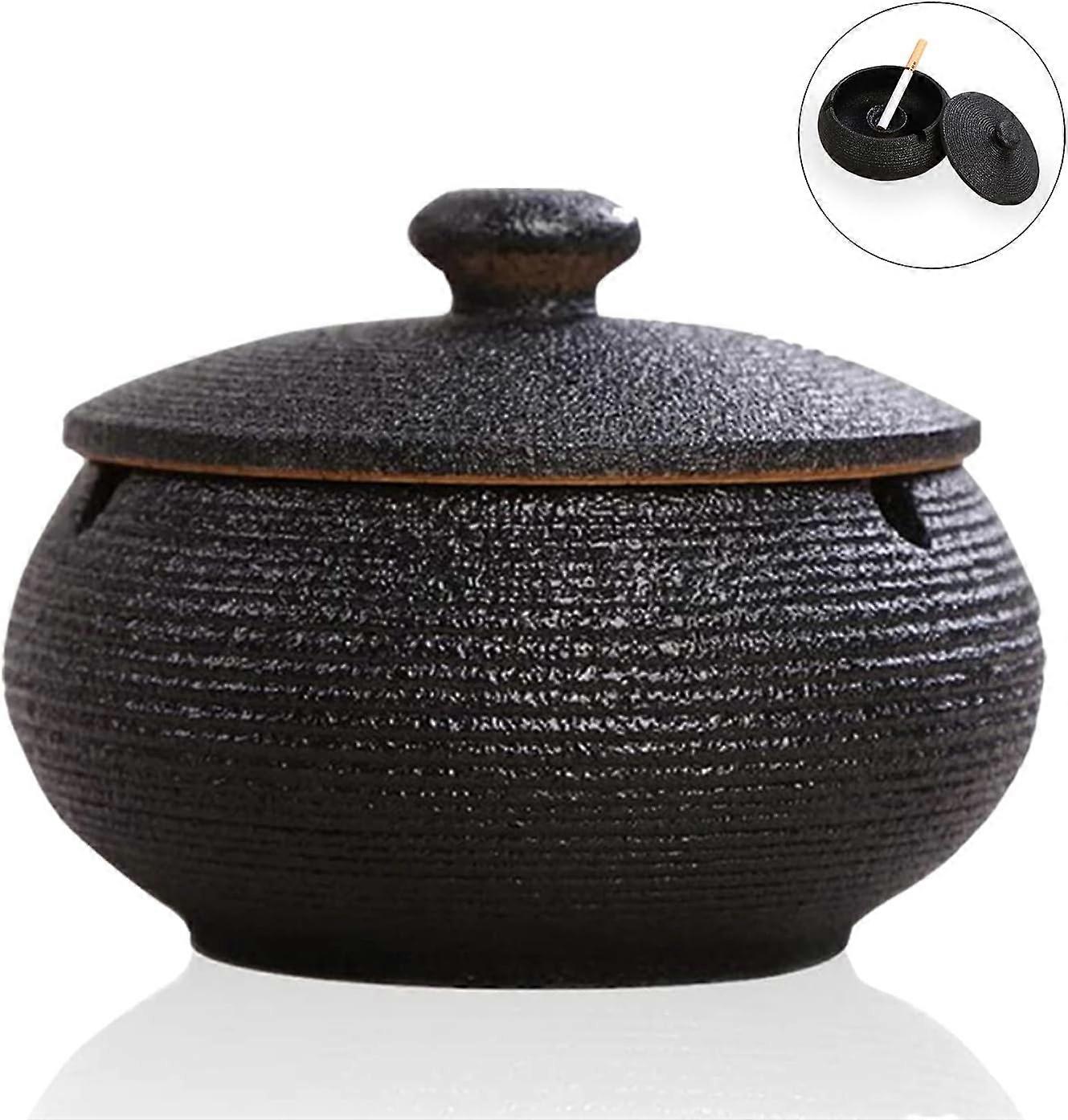 Keramisk askkopp med lock, vindtäta askkoppar för cigaretter inomhus och utomhus, trädgårdsaskkoppsprydnader för heminredning (svart)