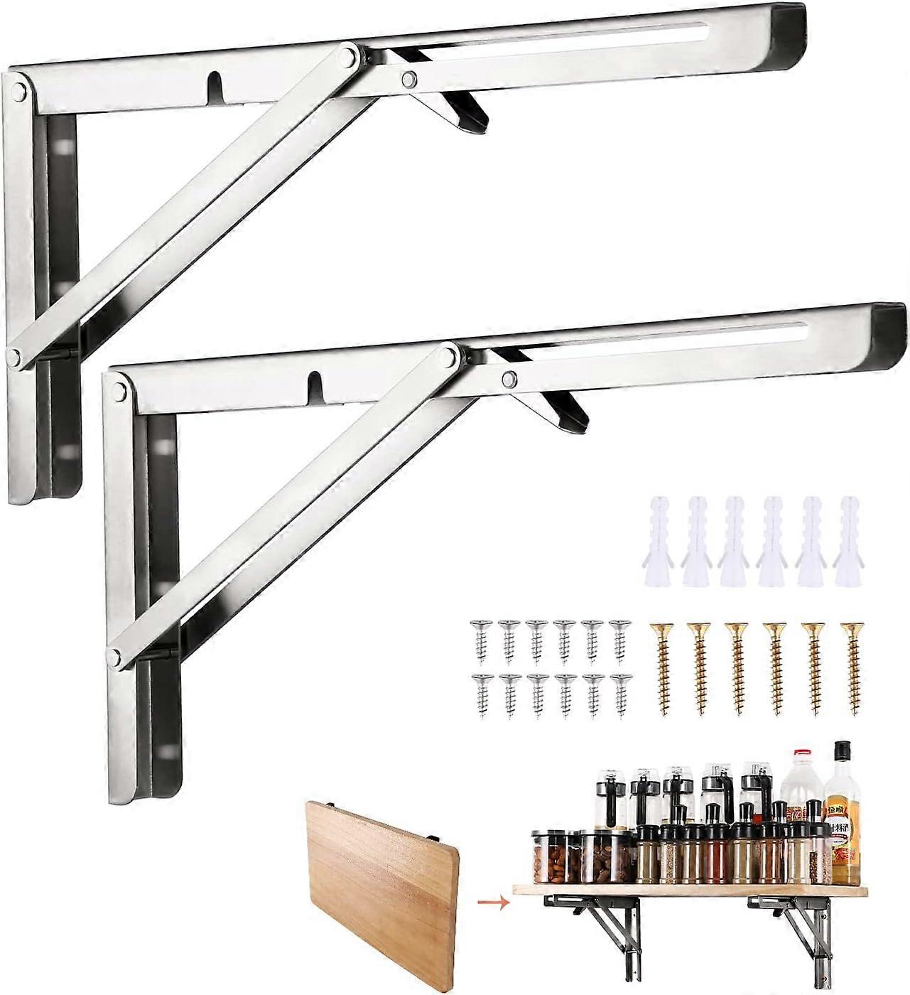 Folding Bracket 350mm, 2 Pieces Stainless Steel Folding Console Bracket, Folding Shelf Brackets Load, Heavy Duty Retractable Folding Console Bracket, 