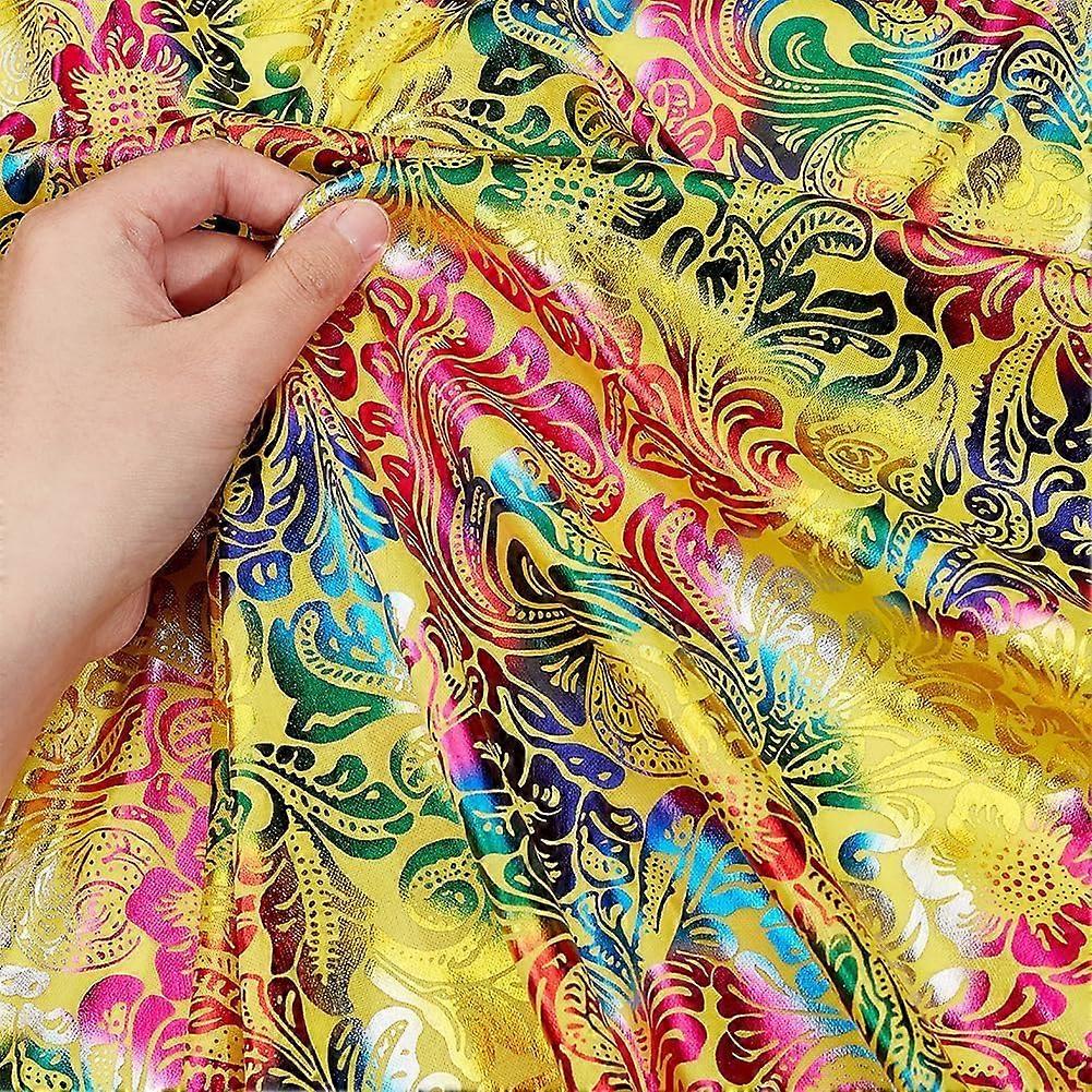 1.1Yard 62.2inch Wide Hologram Yellow Fabric Phoenix Flower Pattern Bronzing Fabric Polyester Fabric by The Yard for Sewing Colorful Floral Fabric for