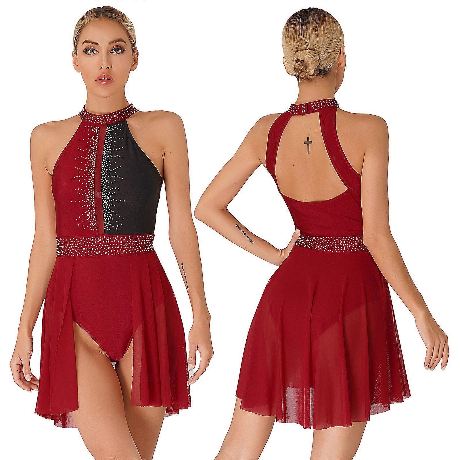 Bayan Lirik Dans Elbise Artistik Patinaj Jimnastik Bale Sahne Performans Kostüm Parlak Rhinestone Backless Tek Parça Elbiseler