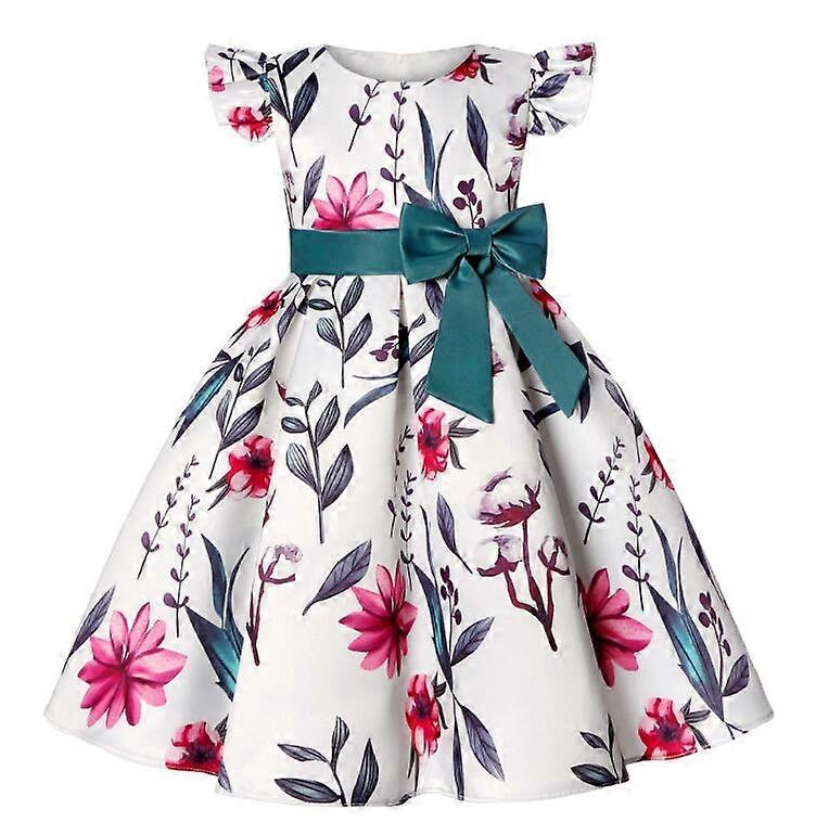 Girls' Little Fly Sleeve Dress Bow Printed Dress Birthday Dress
