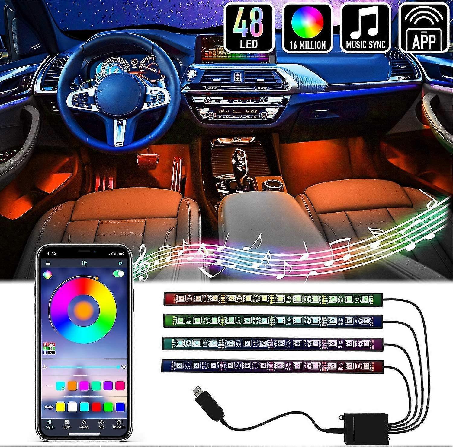 Led Lights For Car Interior - 48 Led Rgb Chips Over 16 Million Customizable Colors, Music Sync And 27 Style Effects Waterproof, App Controlled Iphone