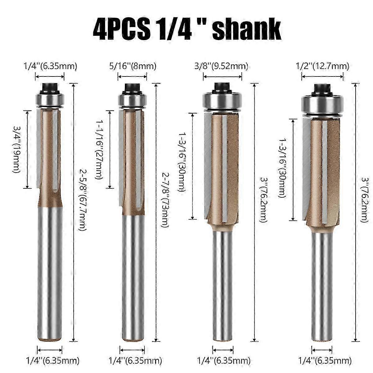 4PCS Flush Trim Router Bit 3Flute Pattern Wood Router Bit with Bearing Woodworking Milling Cutter Tool 1/4 Handle
