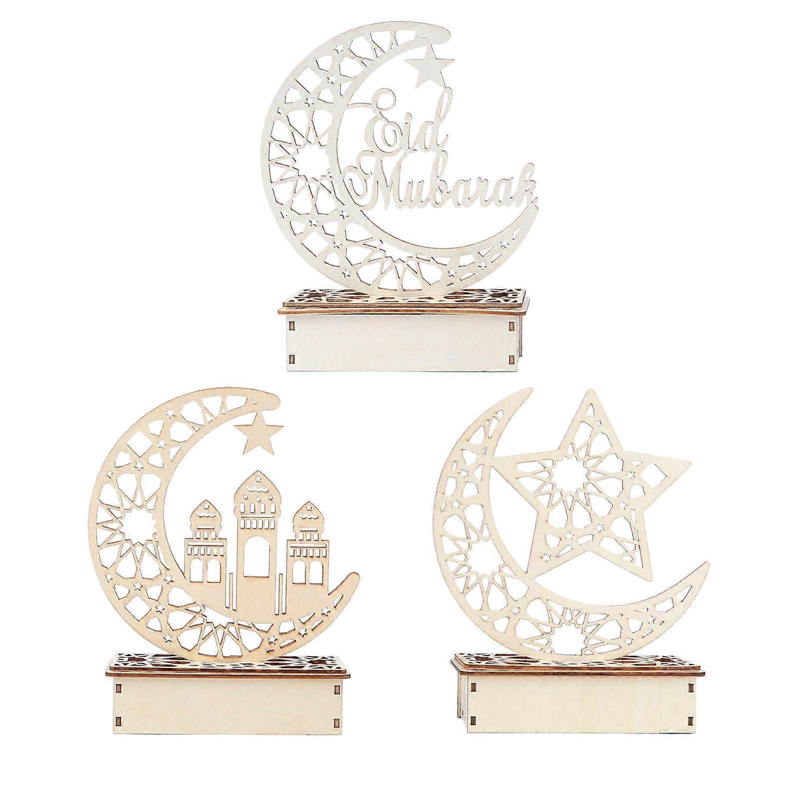3pcs Eid Mubarak Desktop Adornment Hollow Wooden DIY LED Accessory Ramadan Festival Decoration for Home (No Battery, Three Patterns)