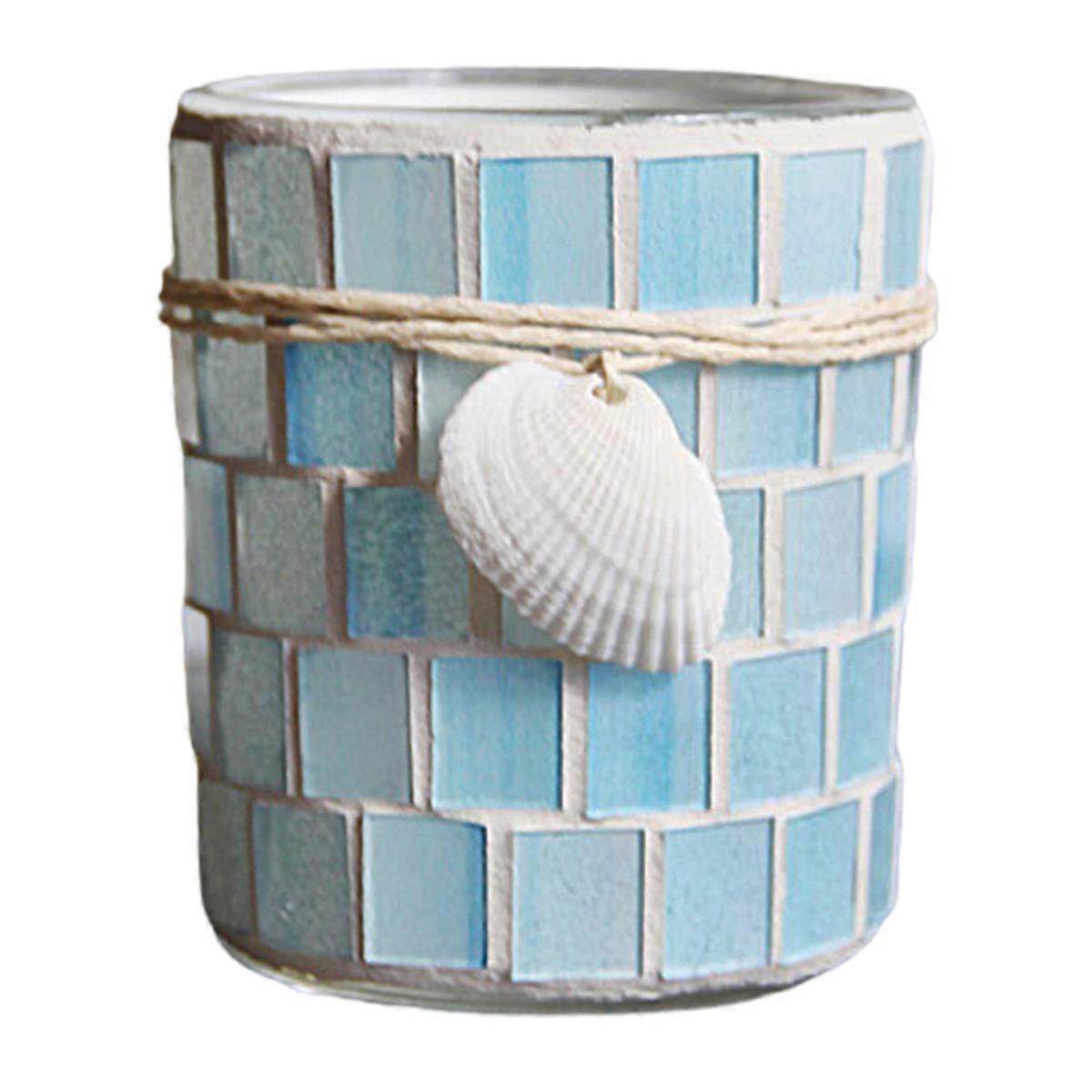 Ocean Shell Candle Holder - Nautical tabletop centerpiece for homes, beach cabanas, rustic decorative candle with shells and ropes - Lake Blue