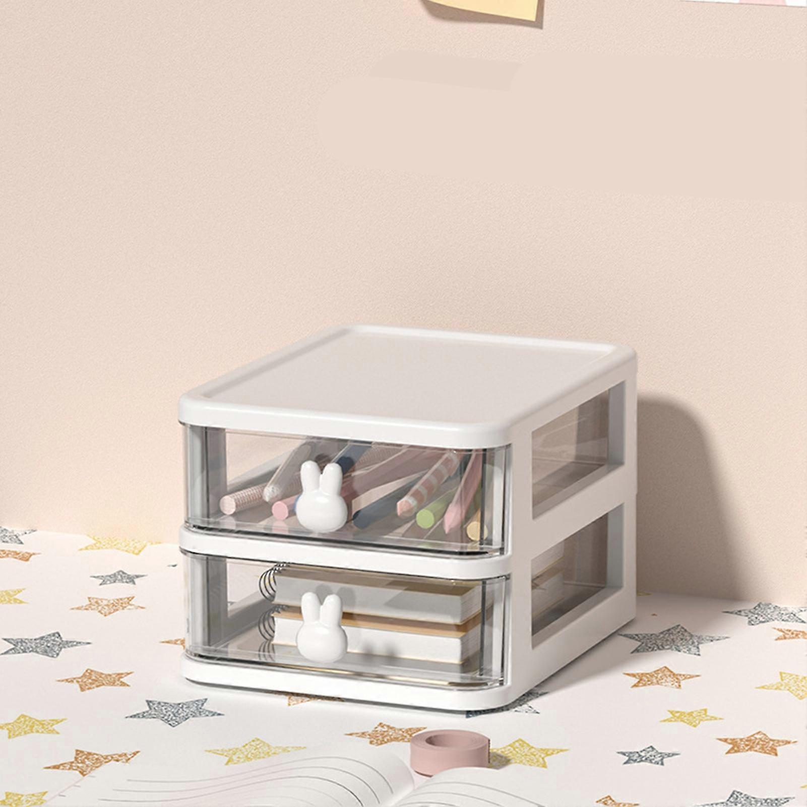 Desk Storage Box Multi Tier Transparent Plastic Large Capacity Bunny Handle Small Drawer Organizer for Book Pen Office White, 2 Tier(13.4x17x11cm)
