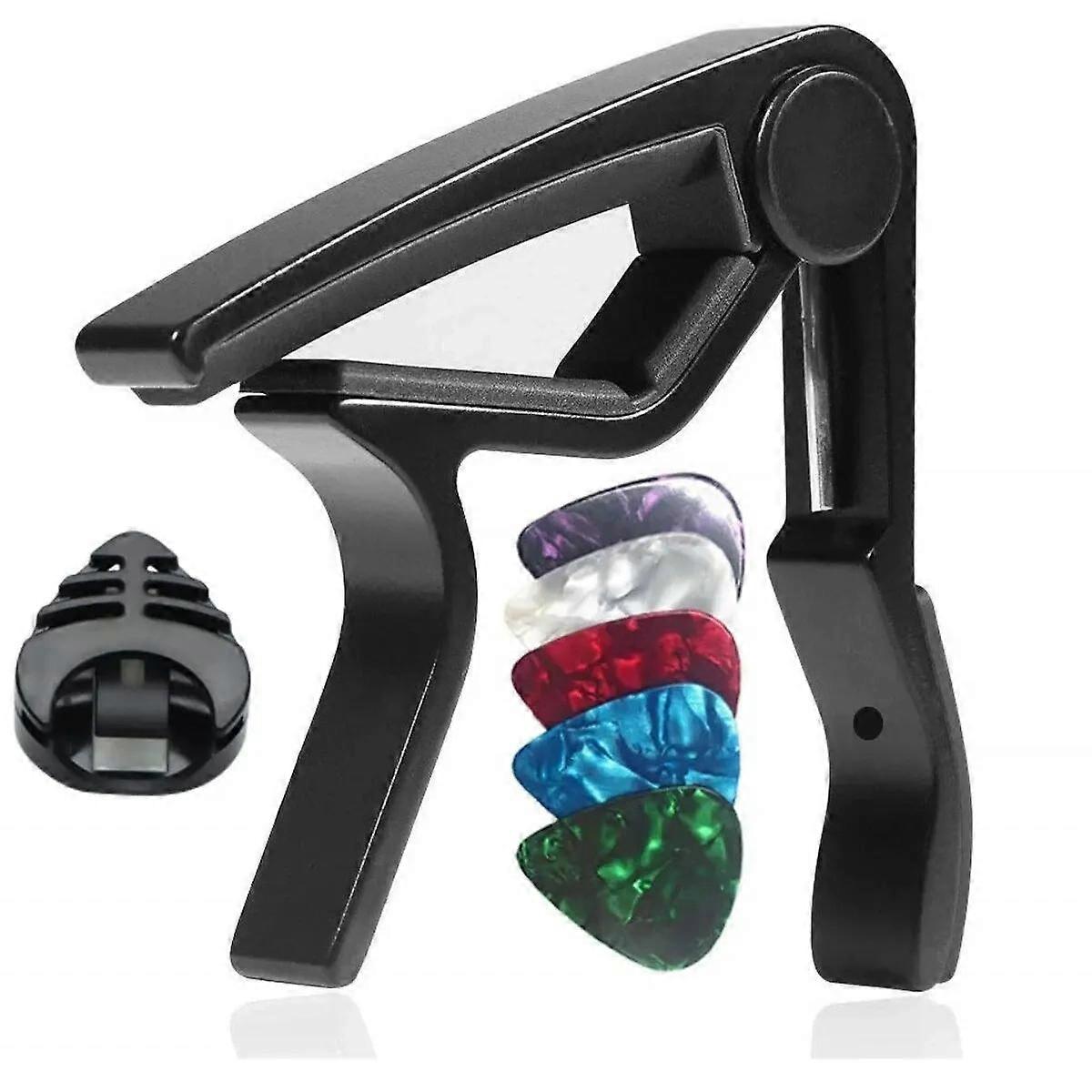 7-osainen kitarakapo akustisille ja sähkökitaroille, 5 plektraa ja 1 pidike