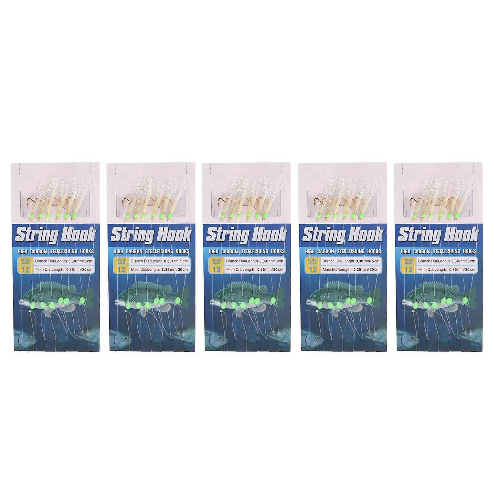 Nimomo 5Set Fishing Rigs Luminous Fishing Lure Bait Rigs Carbon Steel Lure String Hooks with 6 Hooks for Outdoor(12#)