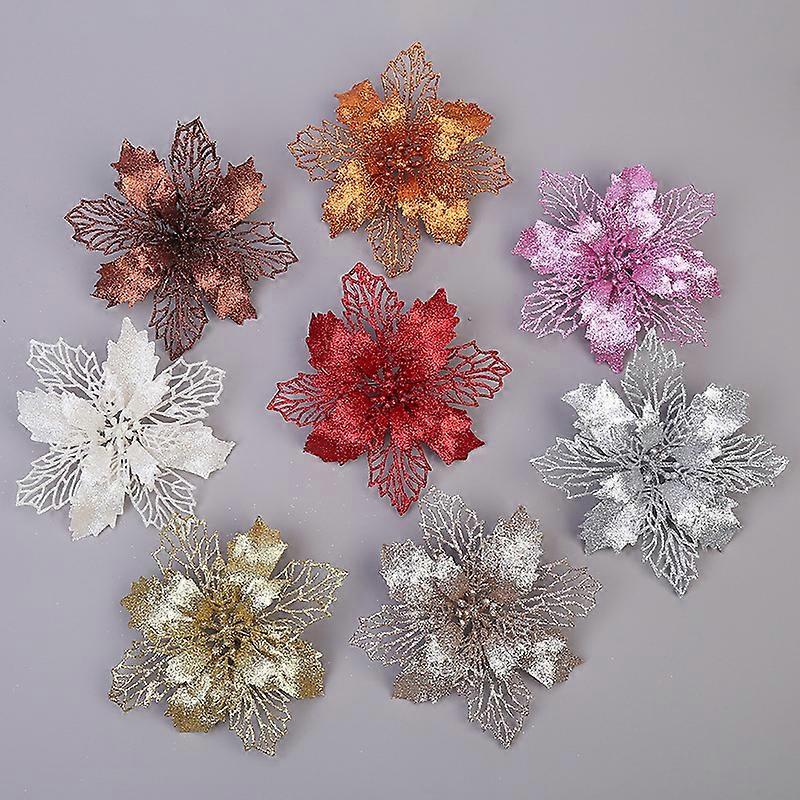 10Pcs Glitter Christmas Poinsettia Hanging Flowers Xmas Party Tree Decoration