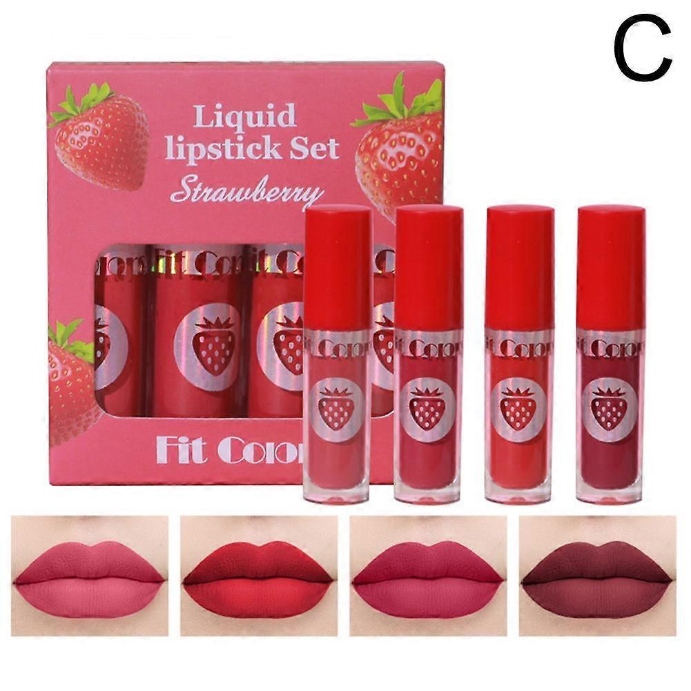 C#Strawberry 4-pack lip gloss set (C) $Fit Colors 4-pack fruit lip gloss set matte velvet matte non-stick cup lip glaze liquid lipstick 3ml*4