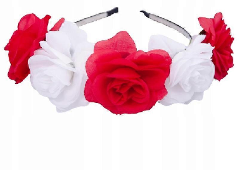 Headband With Flowers Wreath On The Head White - Red