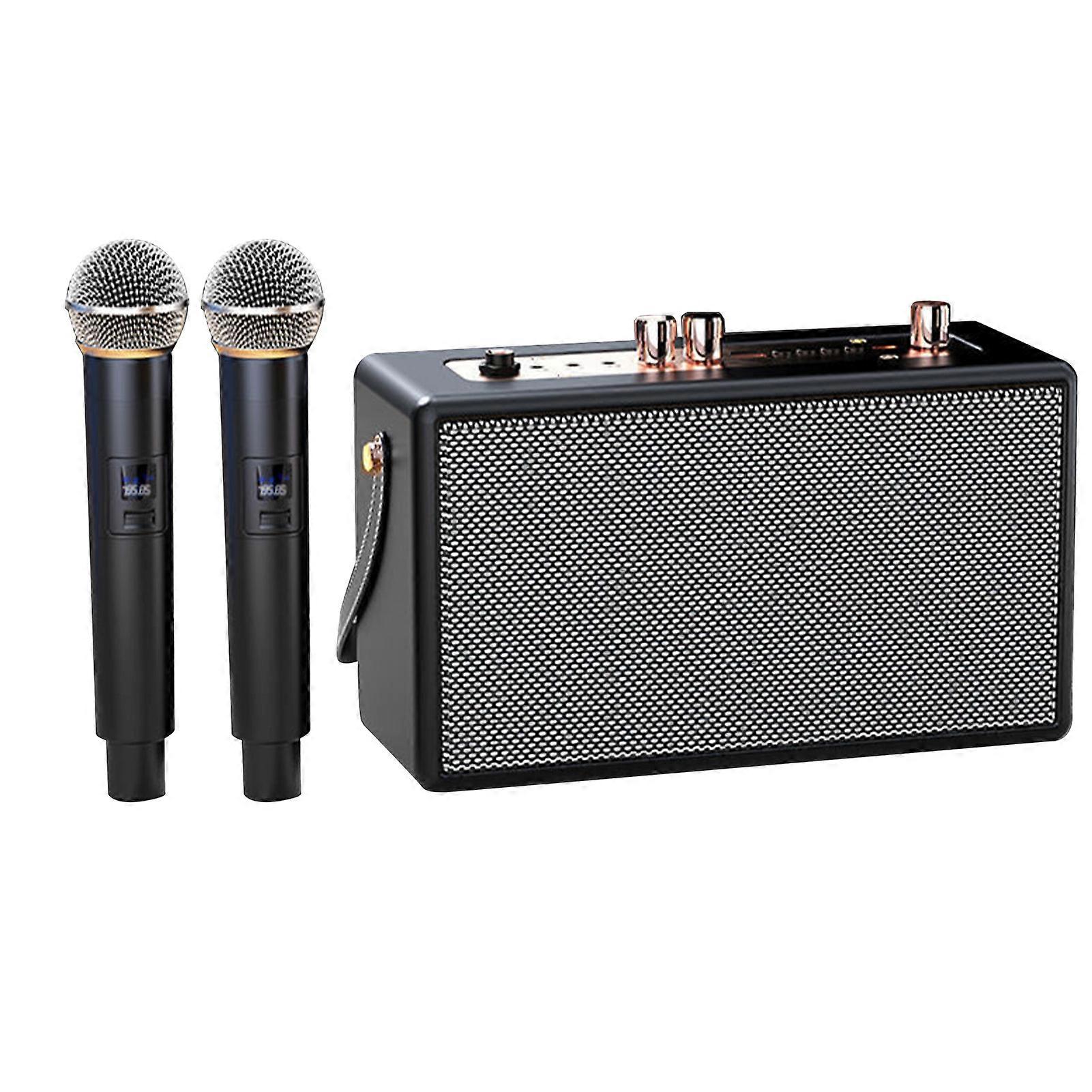 S16 Bluetooth Speaker Set with Dual Wireless Microphones High Power Home Karaoke Machine Black Built in Battery