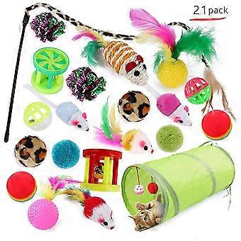 Katzenspielzeug-Set - 21-teiliges Haustier-Set mit Tunnel, zusammenklappbaren Bällen, Mäusefeder