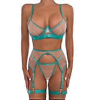 Frauen Sexy Colorblock Mesh Bügel BHs und Höschen 5-teiliges Dessous-Set mit Strumpfgürtel und Beinringen Nachtwäsche Phosphor Pulver L