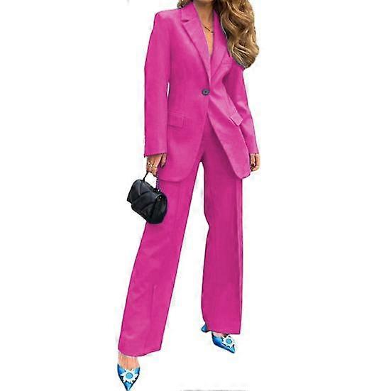 2 Pcs/Set Women Coat Pants Suit Lapel Formal Business Style Long Sleeve Single Button Wide Leg Straight Commute Office Lady Coat Trousers Set