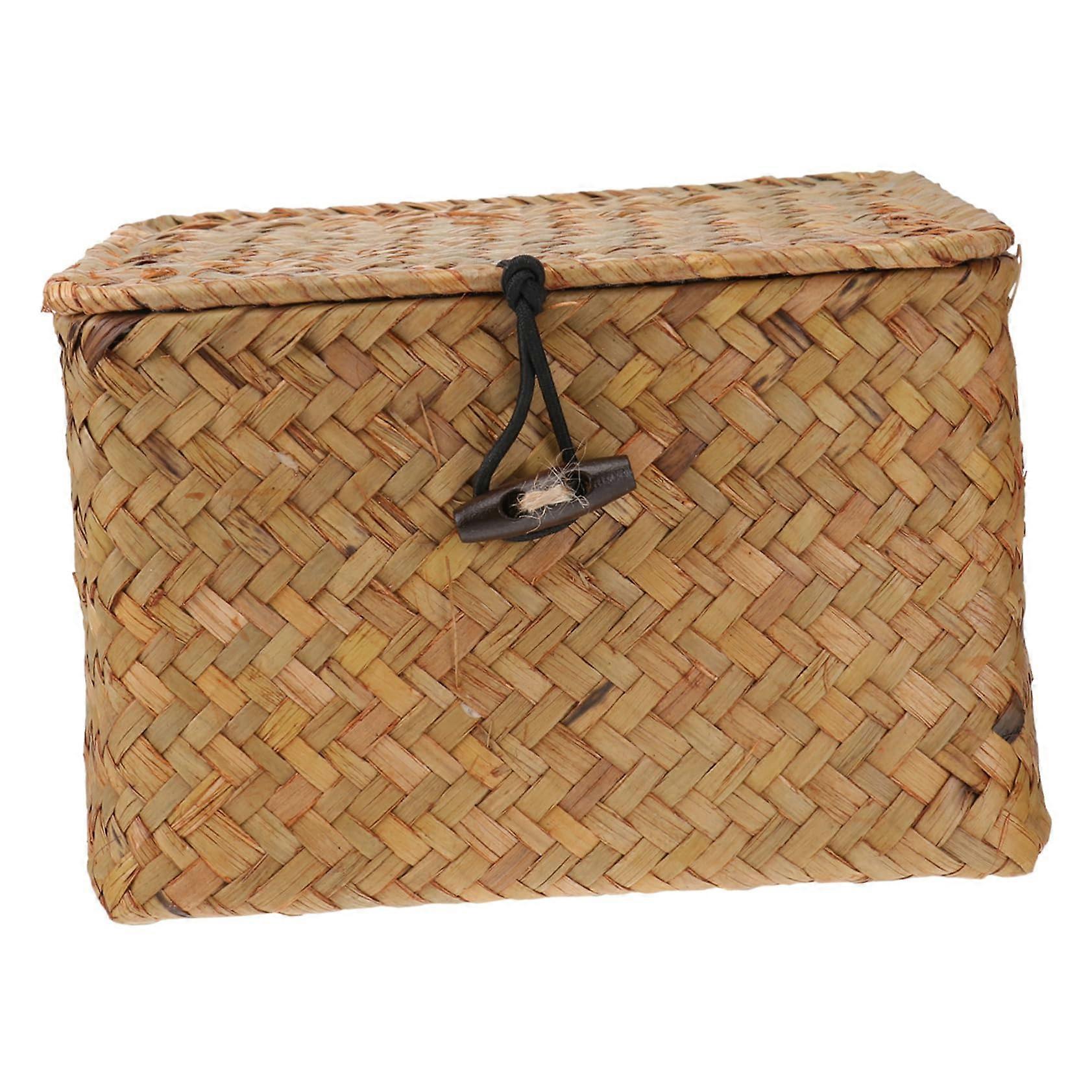 Box Stroh Rattan Storage Box With Lid, Decorative Orange Willow Basket, 17x17x10CM Organizer for Home