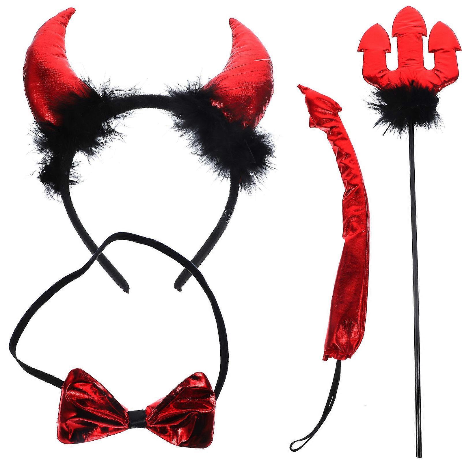 Costume Props Set with Horns, Headband, Bow Tie, Fork and Tail for Halloween, Cosplay and Themed Events