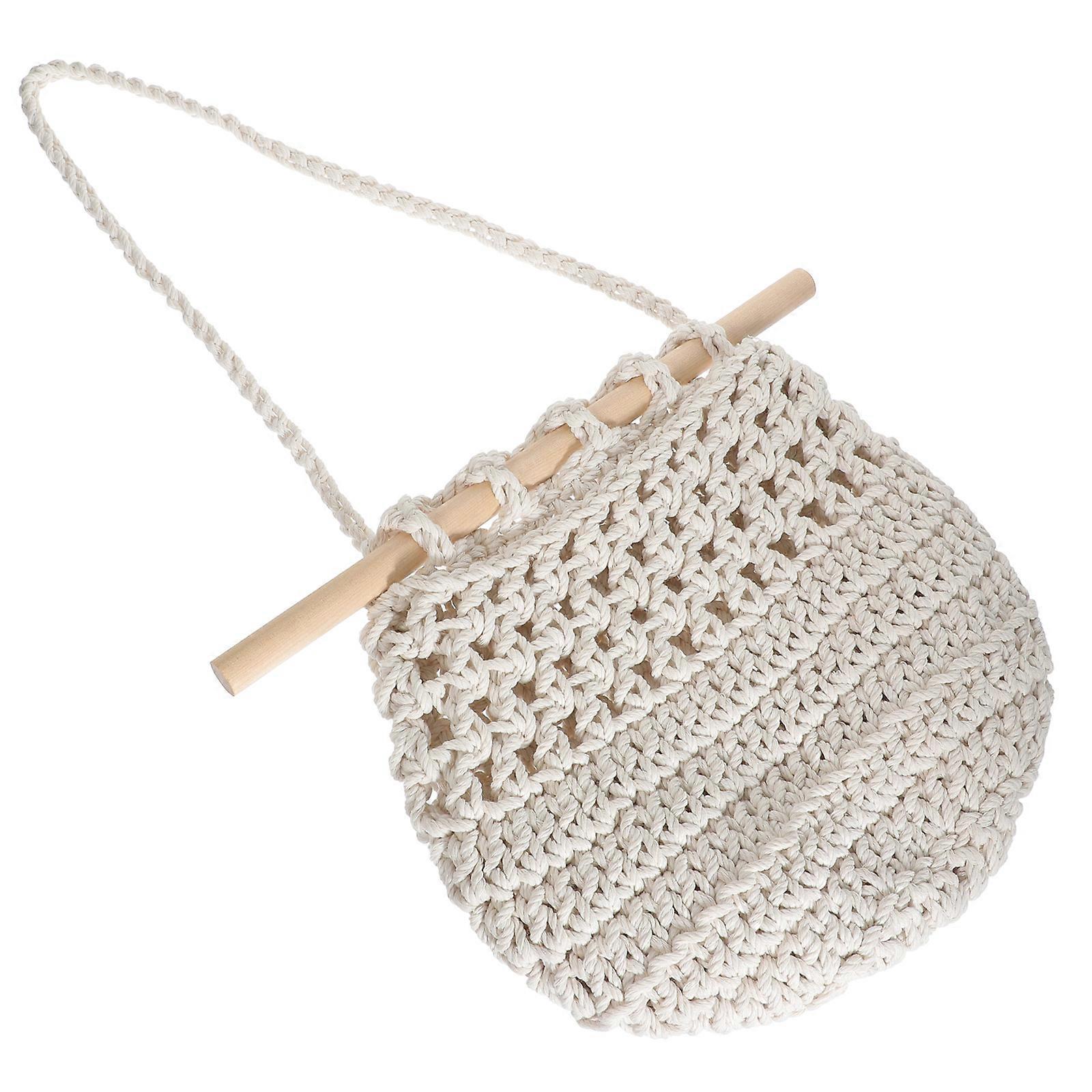 Boho Style Hanging Wall Basket for Fruits and Vegetables Handwoven Cotton Rope and Wood Beige