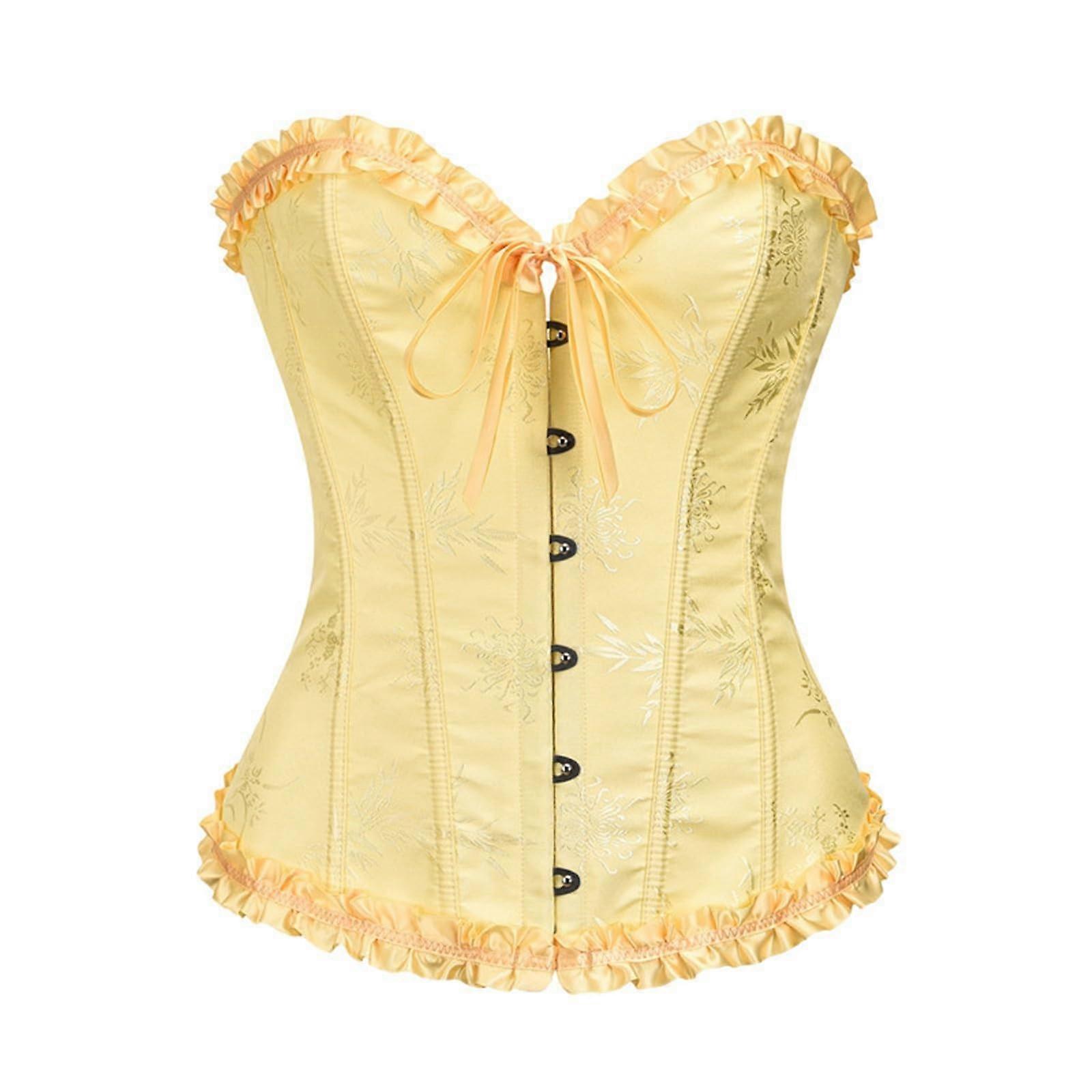 Women's Overbust Corset Top XL in Yellow, Satin Lace Up Gothic Corset with Lacing for Halloween Costume