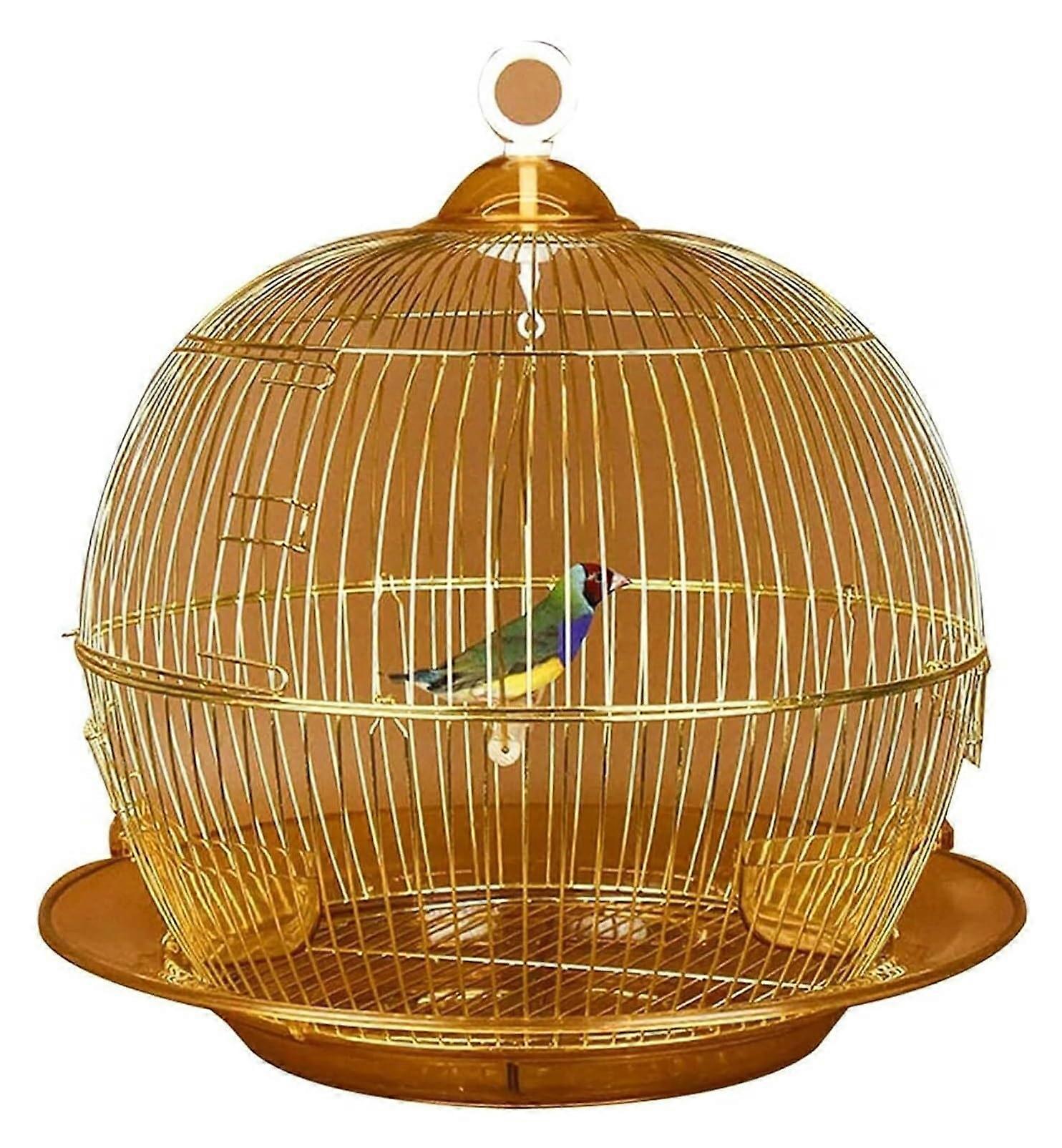 Round Metal Bird Cage with Seed Tray and Hanging Hook for Small Birds, Gold, 38.1 x 38.1 cm, Ideal for Pet Birds