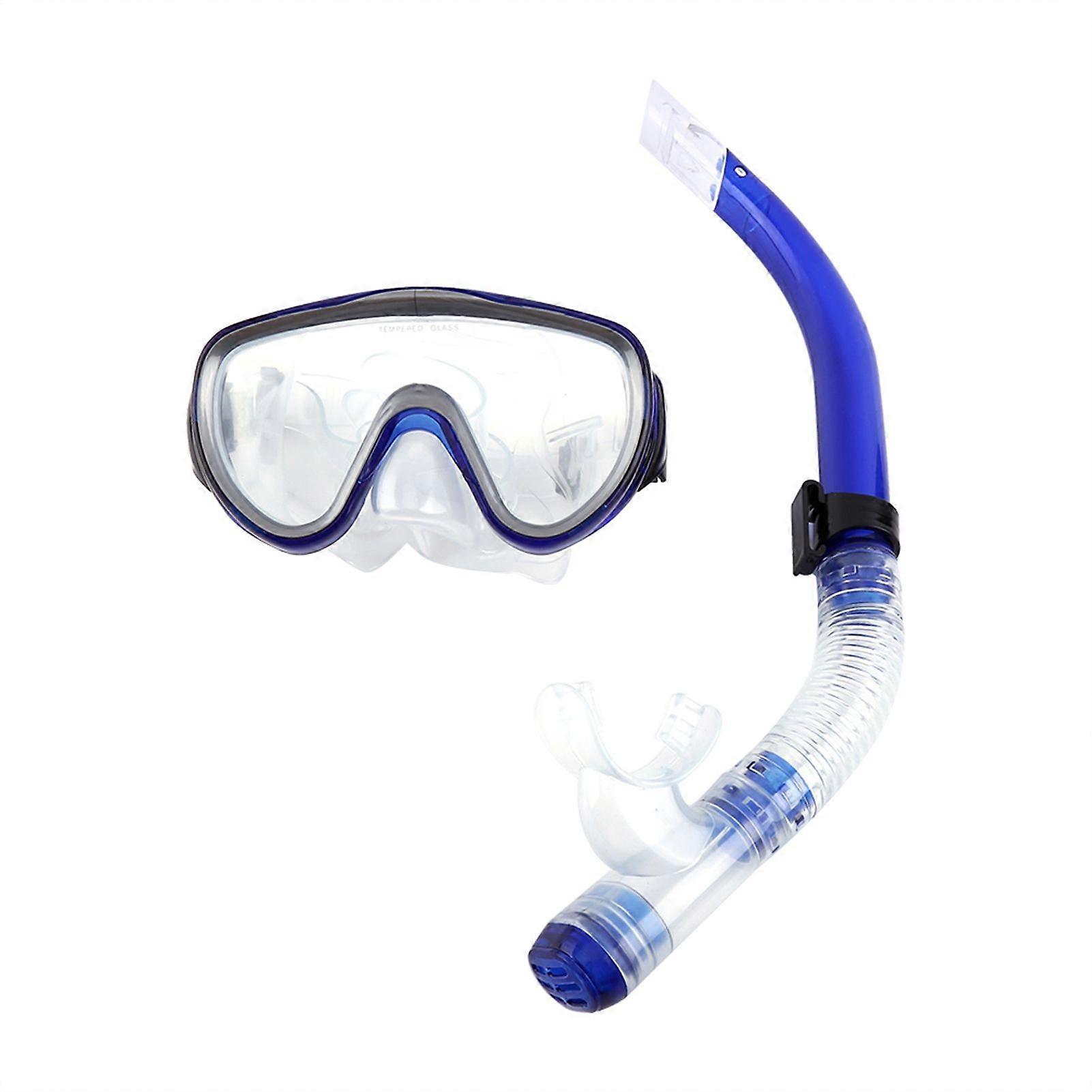 Resistant Tempered Glass Lens Mask Snorkel Mouthpiece Snorkeling Combo Set(blue)