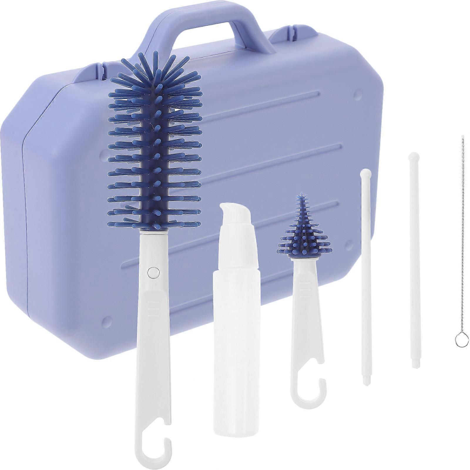 Sky-Blue Baby Bottle Cleaning Tools Set Perfect For Parents And Infants Featuring Drying Rack And Multiple Brushes For Home And Travel